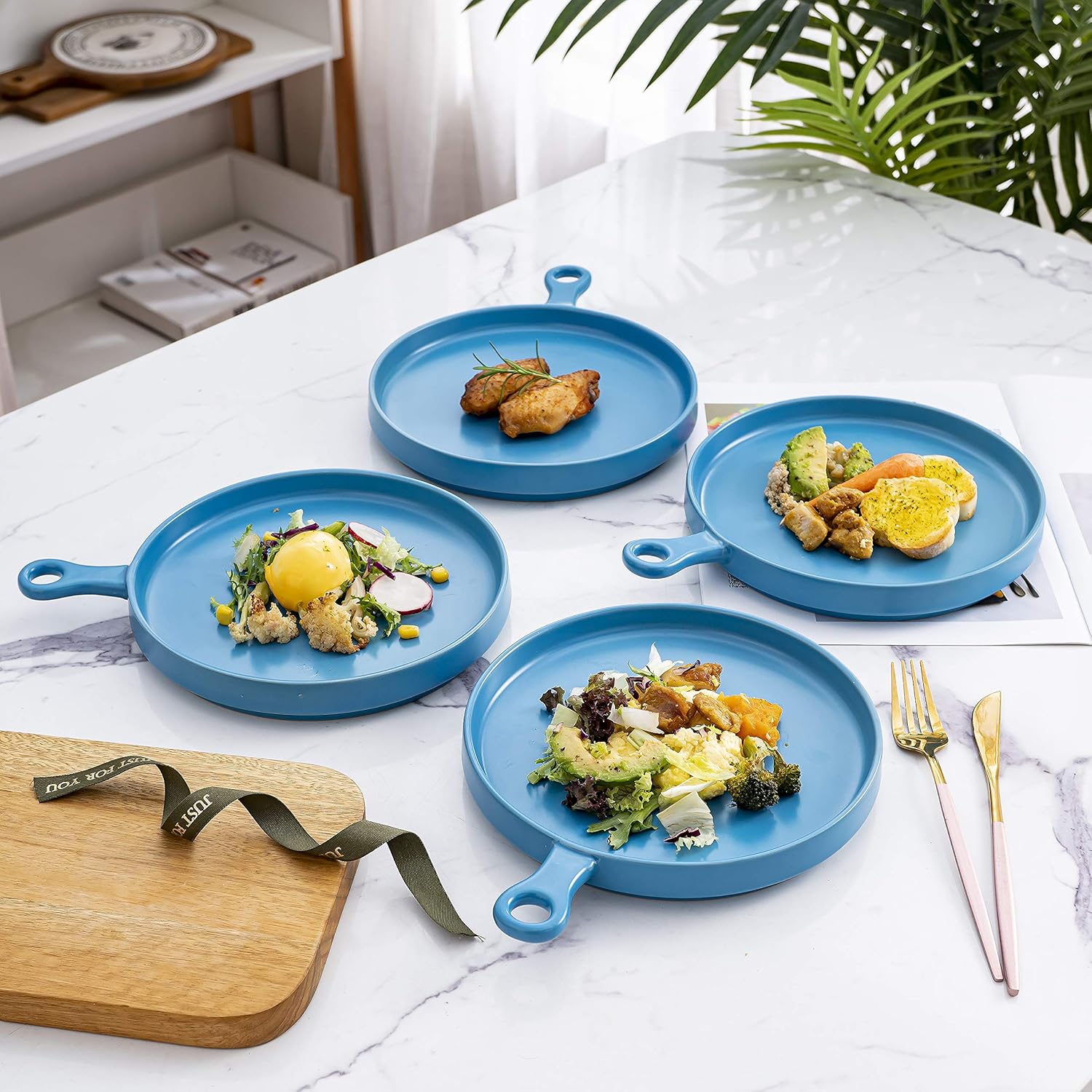 Buу 1 gеt 1 Dinner Plates Plate Set of 4, Ceramic 8 Inch Dinner Plates, Elegant Matte Serving Dinner Plates With Skillet Look Handle for Pizza, Steak, Pasta, Salad, Serving Trays, Blue