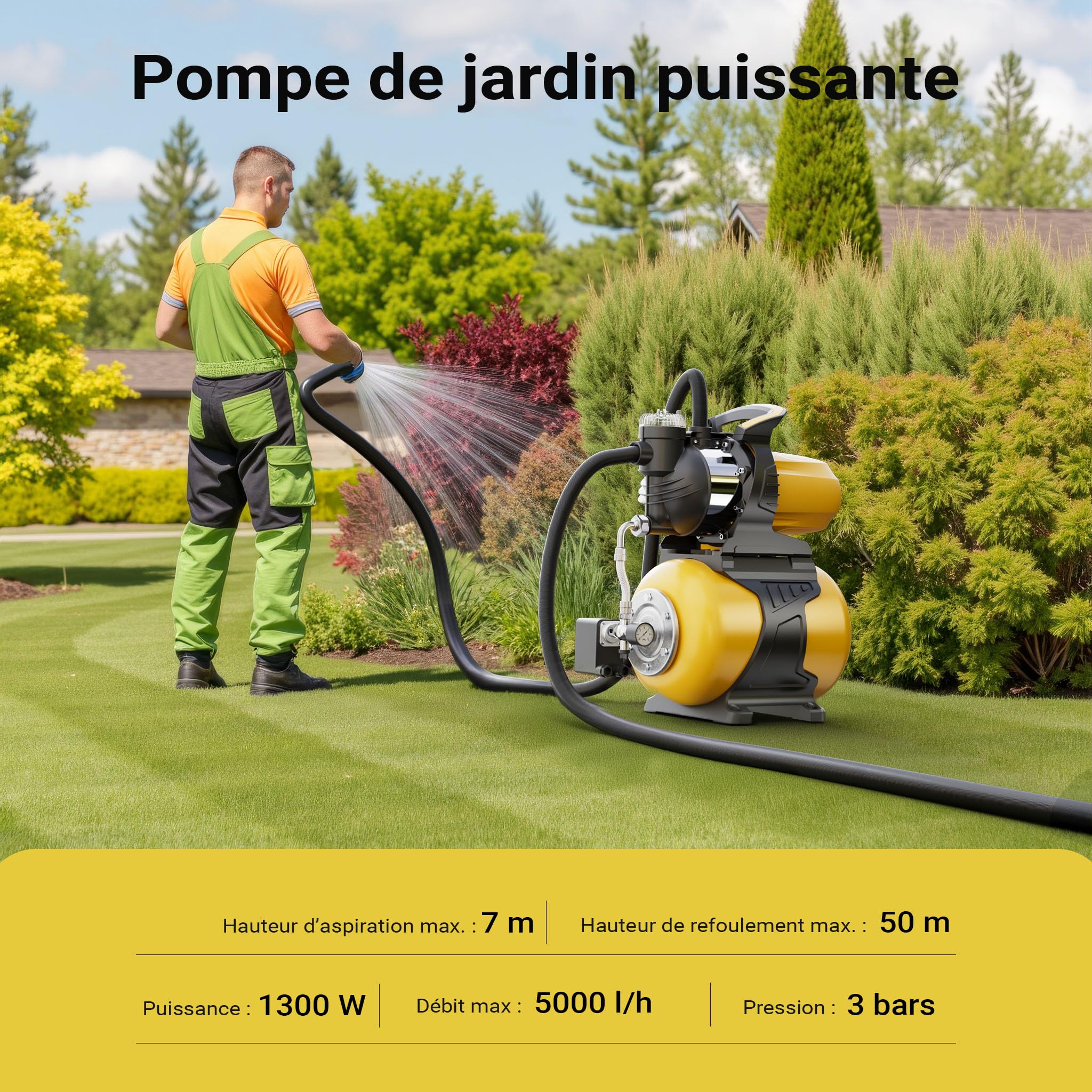 Wiltec Station d'eau domestique 1300 W 5000 l/h H 50 m P 7 m 2850 tr/min réservoir 24 L Arrosage irrigation jardinage