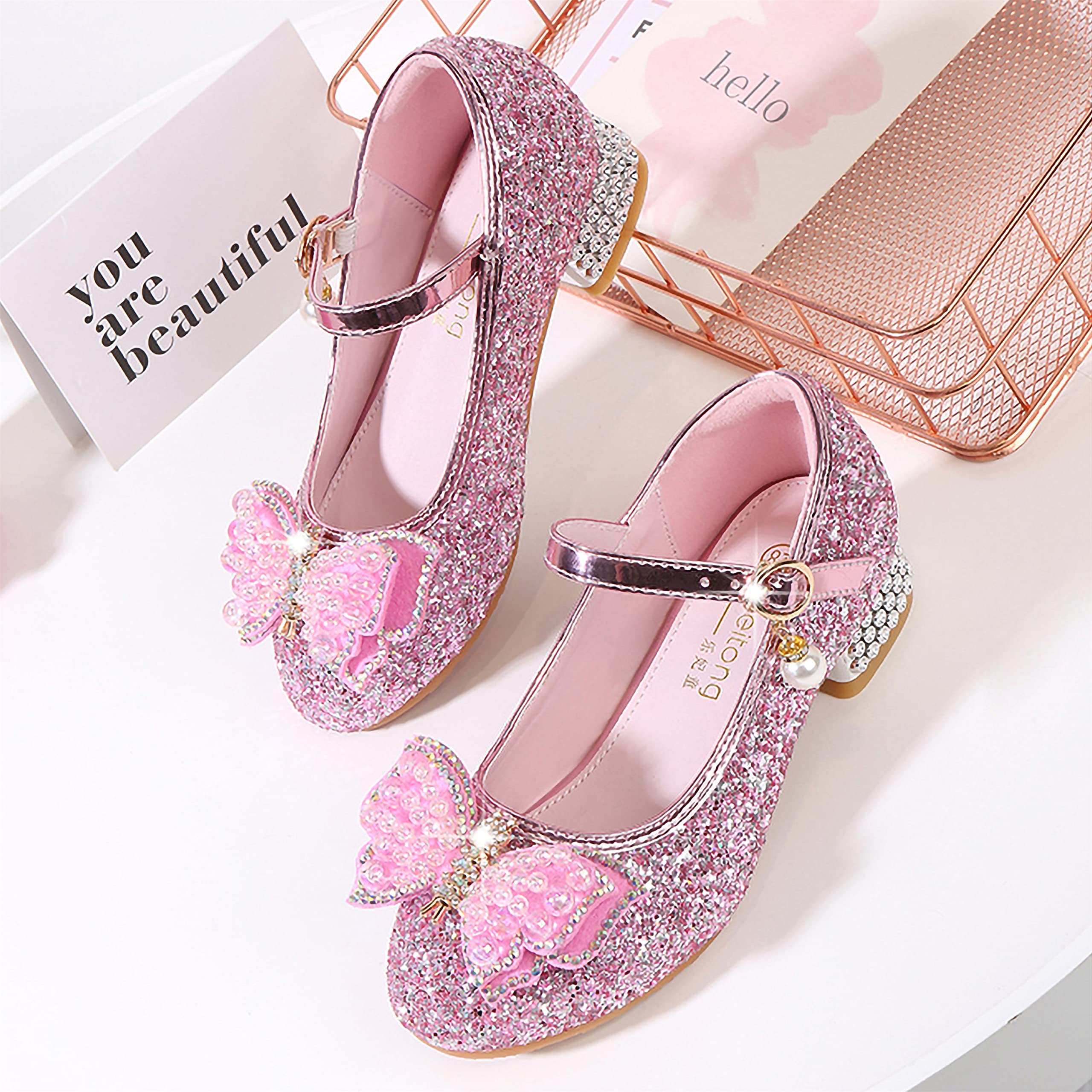YOSICIL Principessa Scarpe con Tacco da Bambine e Ragazze con Fiocchi Scarpe da Principessa con Paillettes Ragazza Ballerine Glitterate Scarpe Eleganti Partito e Carnevale，Rosa