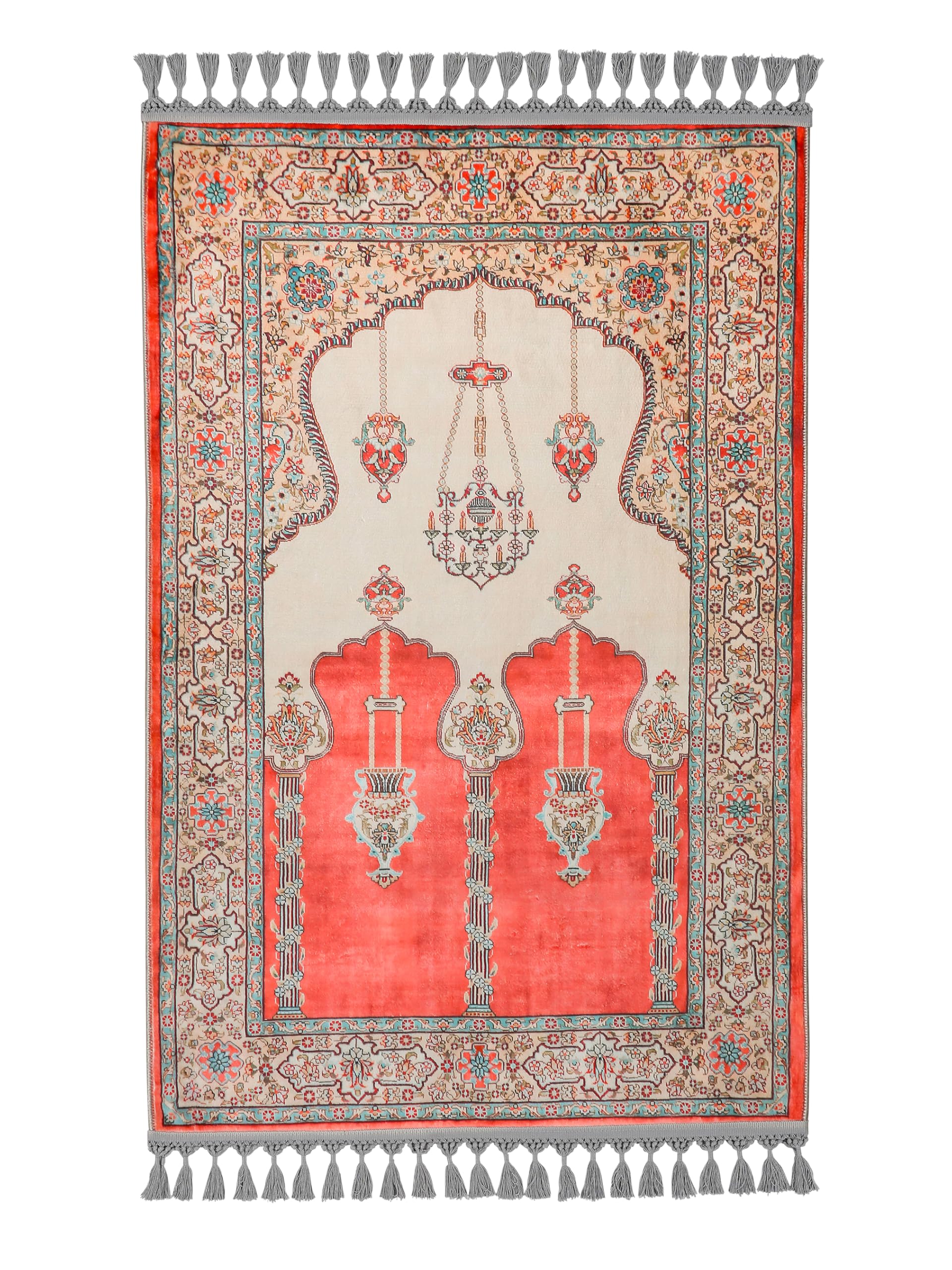 allmode homestyle şekil Tapis de prière traditionnel turc - Corail rouge et beige - Pompons décoratifs - Motif floral