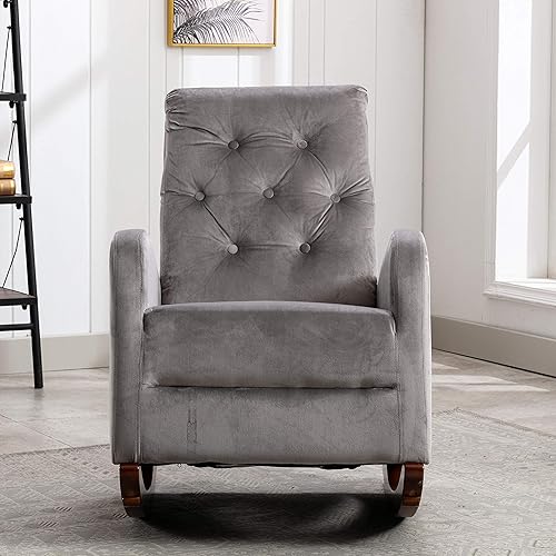 Miniatura 4 de SSLine Mecedora de terciopelo, tapizada, moderna, cómoda, cómoda, asiento acolchado de tela, mecedoras con respaldo alto para sala de estar,