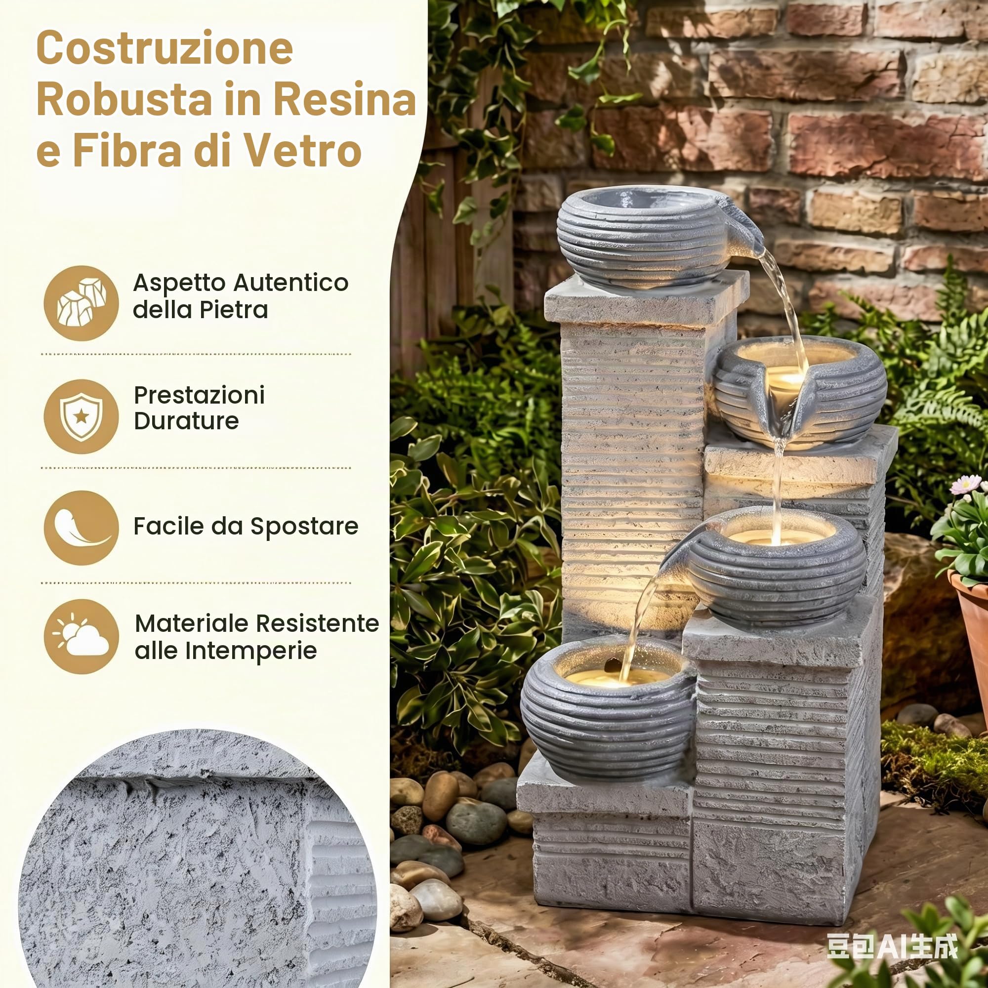 HOMASIS Fontana da Giardino a 4 Livelli, 58 cm Fontanella Decorativa con 3 Luci LED Bianco Caldo e Pompa, Velocità dell'Acqua Regolabile, Cascata Acqua da Esterno in Resina per Terrazze e Cortile