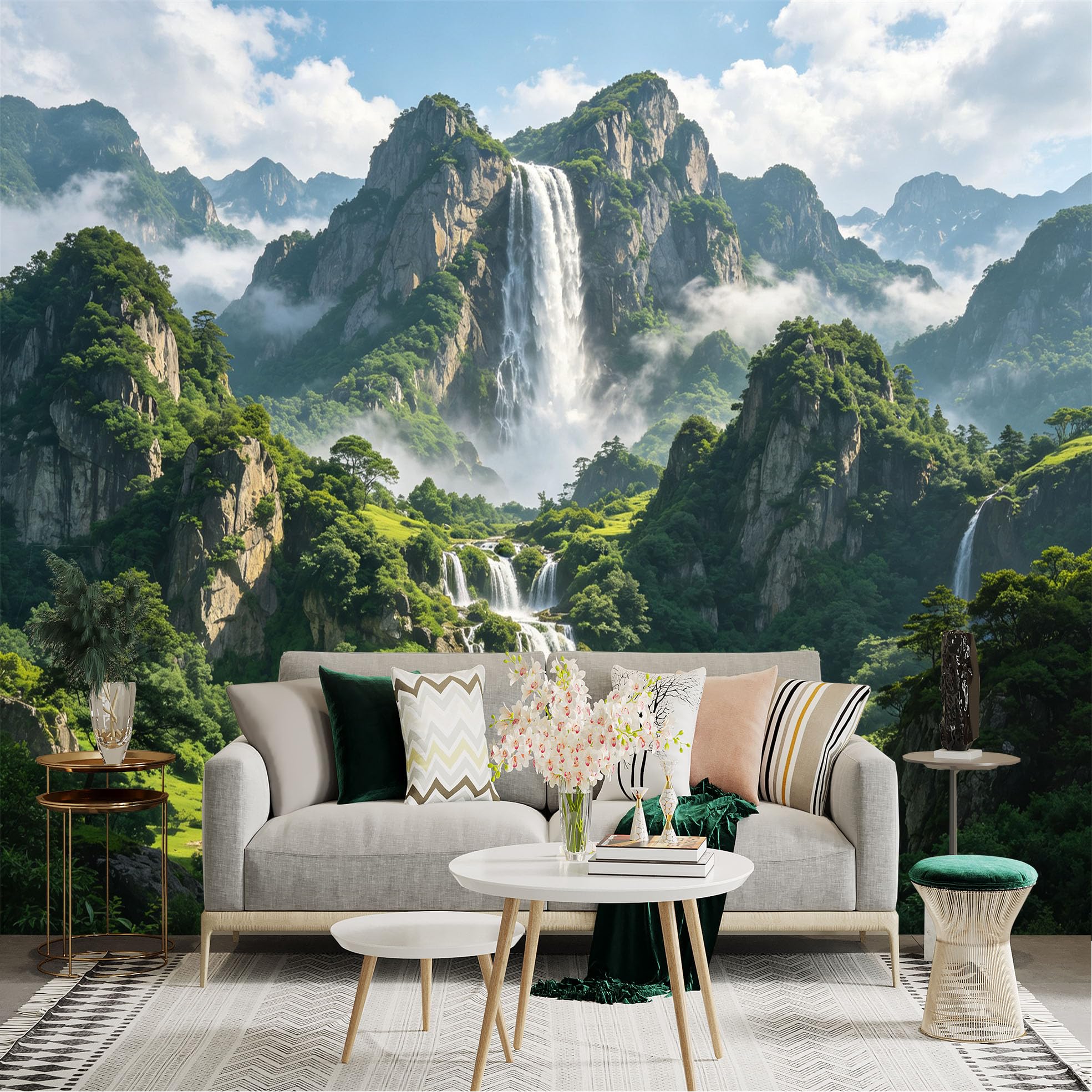 Custom Size Wall Sticker Mural， Majestic Waterfall in Misty Mountains， Lush Green Forest Landscape， Serene Turquoise Lake， for wall Decoration， peelandstick wall Decals.
