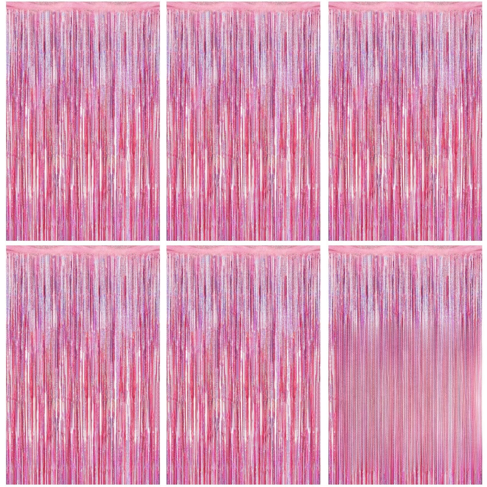 Quelcc 6 Pack Tinsel Curtains, 3.28ft x 6.5ft Foil Curtain Decorations, Foil Fringe Curtain Reusable Glitter Backdrop for Birthday Graduation Wedding Engagement (Laser Pink)