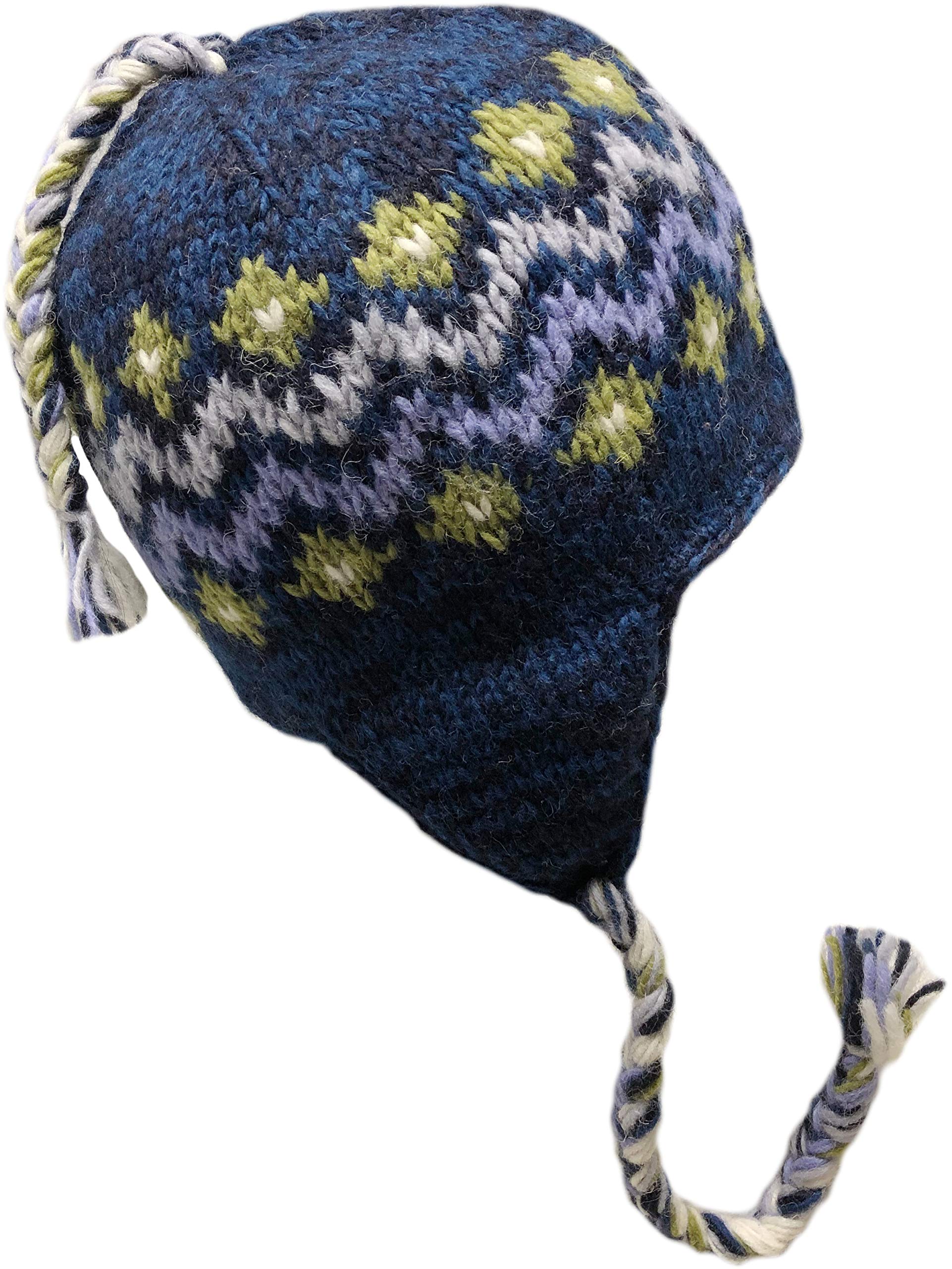 Himalayan Sherpa HatsNepal Hand Knit with Ear Flaps, Trapper Ski Heavy Wool Fleeced Lined Cap (Blue Zig Zag)