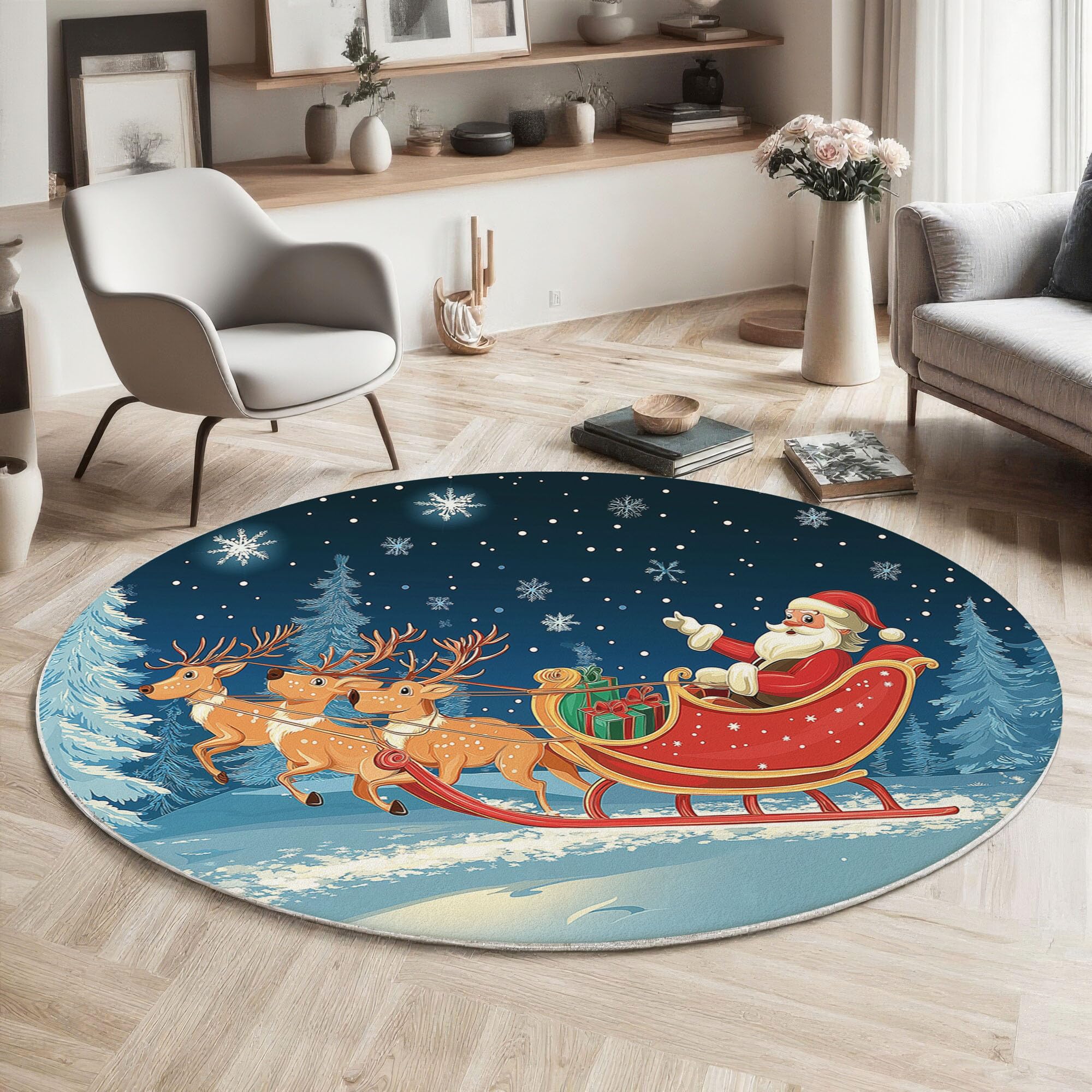 Tapis Renne De Noël - Tapis Salon, Salle À Manger, Chambre Adulte Et Ado, Cuisine, Design Ciel Nocturne d'hiver, Lavable Antidérapant Poil Ras Doux Grande Taille 120 Cm, Indigo