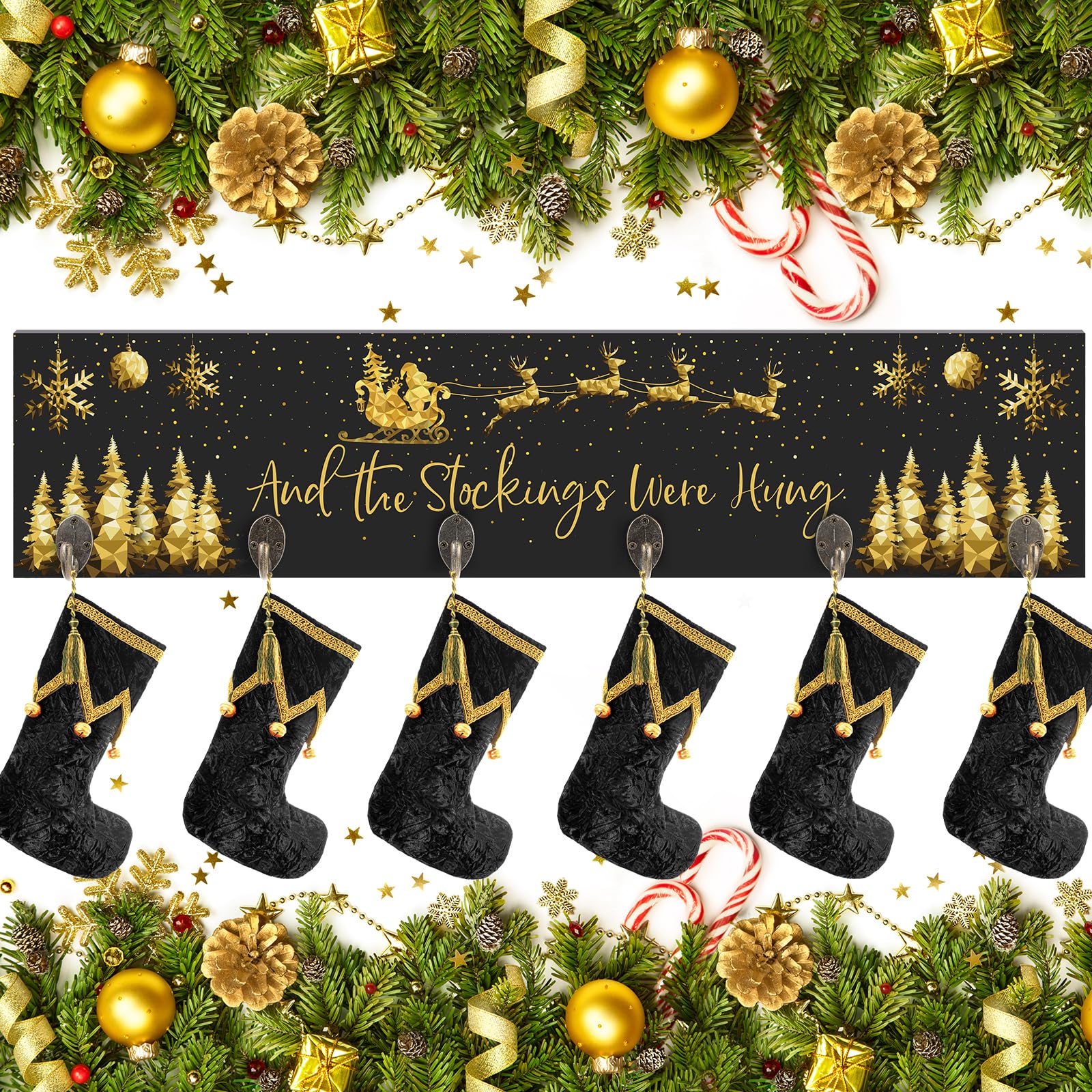 Soaoo Christmas Stocking Holder with 6 Hooks 24.4 x 5.7'' The Stockings were Hung Wood Hanging Sign Reindeer Socks Holder for Wall Xmas Decorations Hangers for Fireplace Mantel(Black, Gold)