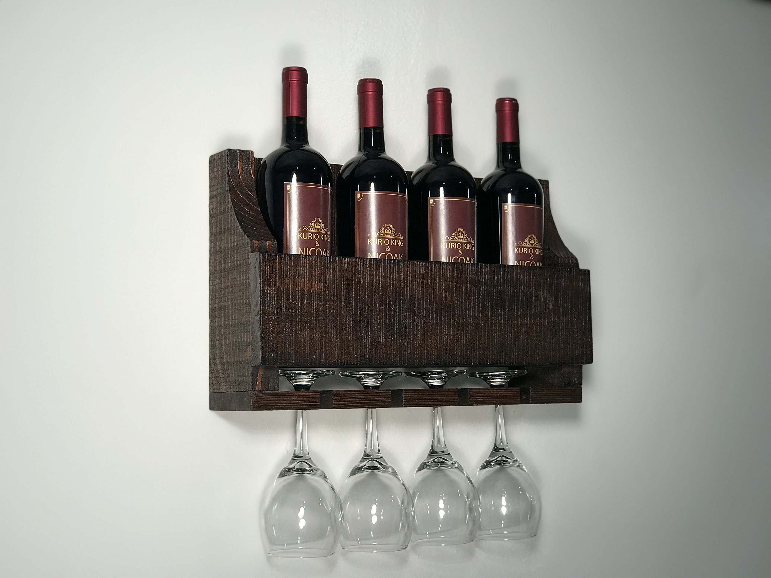 Empire USA - Barnwood Wall Mount Wine Rack holds 4 Wines and 4 Long Stem Glass Rustic Reclaimed Wood (Barn Brown Fir)