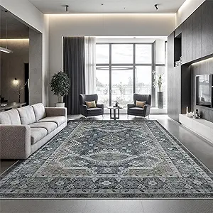 Rugland 9x12 Area Rug - Stain Resistant Washable Rug, Anti Slip Backing Rugs for Living Room, Vintage Tribal Area Rugs (TPR07-Navy, 9'x12')