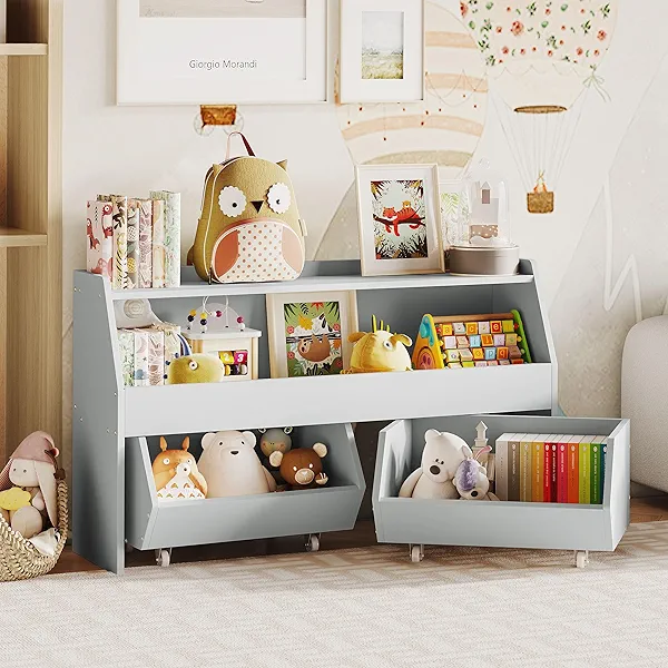 Fulhope Toy Storage Organizer for Kids, Toy Storage Cabinet with Drawers, Boys and Girls Toy Shelf with Wheels, Toy Organizer Kids Bookshelf with Storage for Nursery, Playroom, Bedroom (Light Grey)