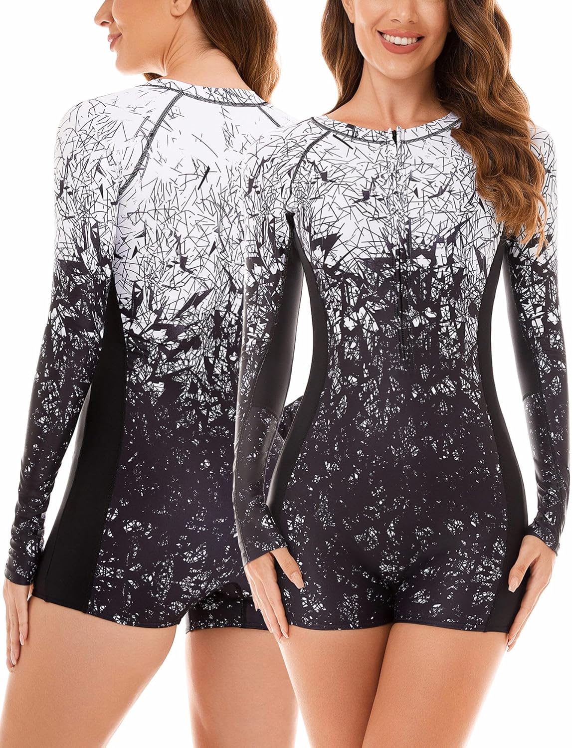 FEOYA Womens Rash Guard Swimsuit Boyleg Long Sleeve One Piece Bathing Suit UPF 50 Zipper Surfing Wetsuit Athletic Swimwear