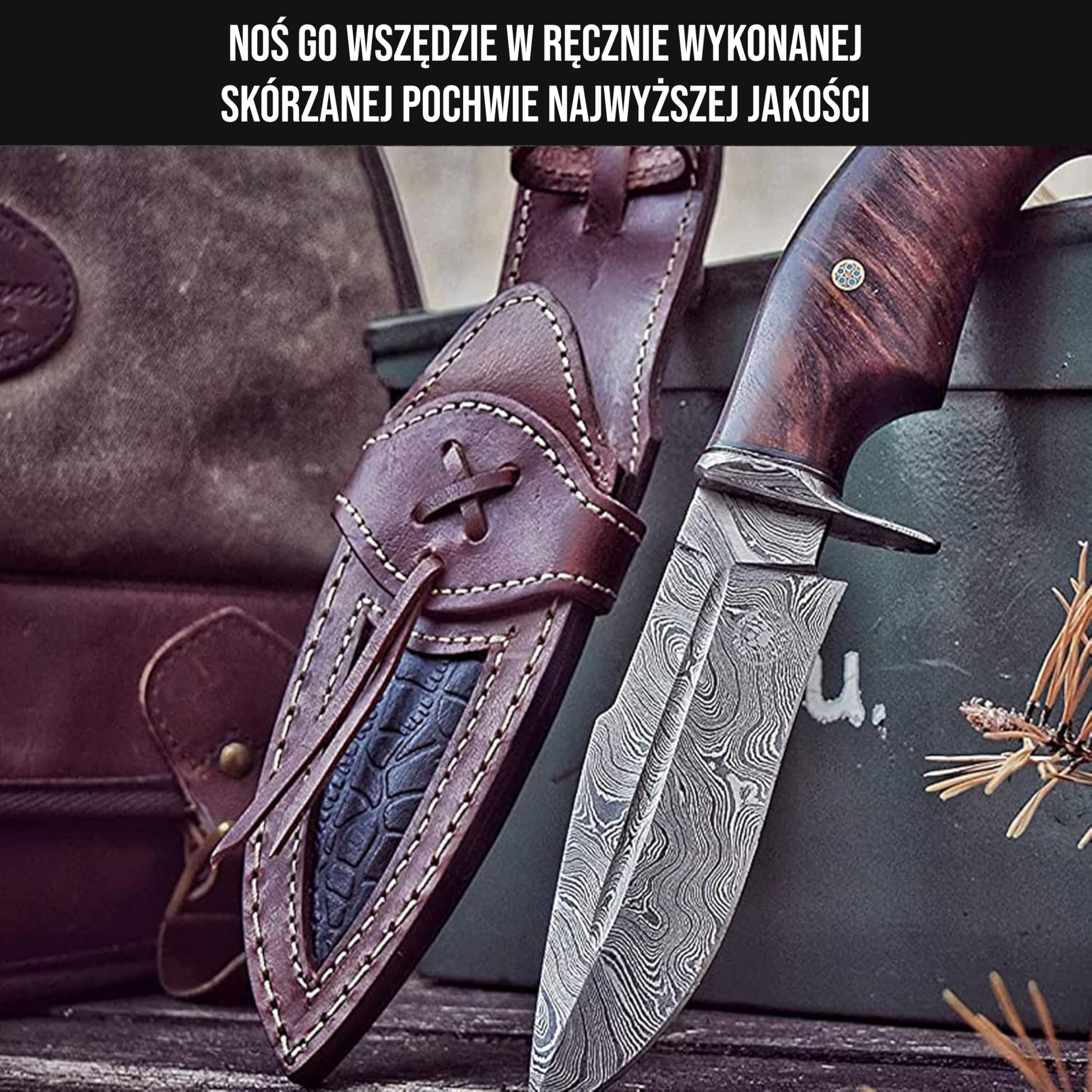 BIGCAT ROAR Ręcznie Wykonana Nożowa Ostrza Damasceńskiego - Nóż Stały do Polowania z Pokrowcem i Rączką z Drewna Orzechowego - 10″ Nóż do Skórowania EDC - Bestialski Łowca | Uchwyt z orzecha włoskiego i skórzana osłona. Bushcraft, kemping, survival, kolek