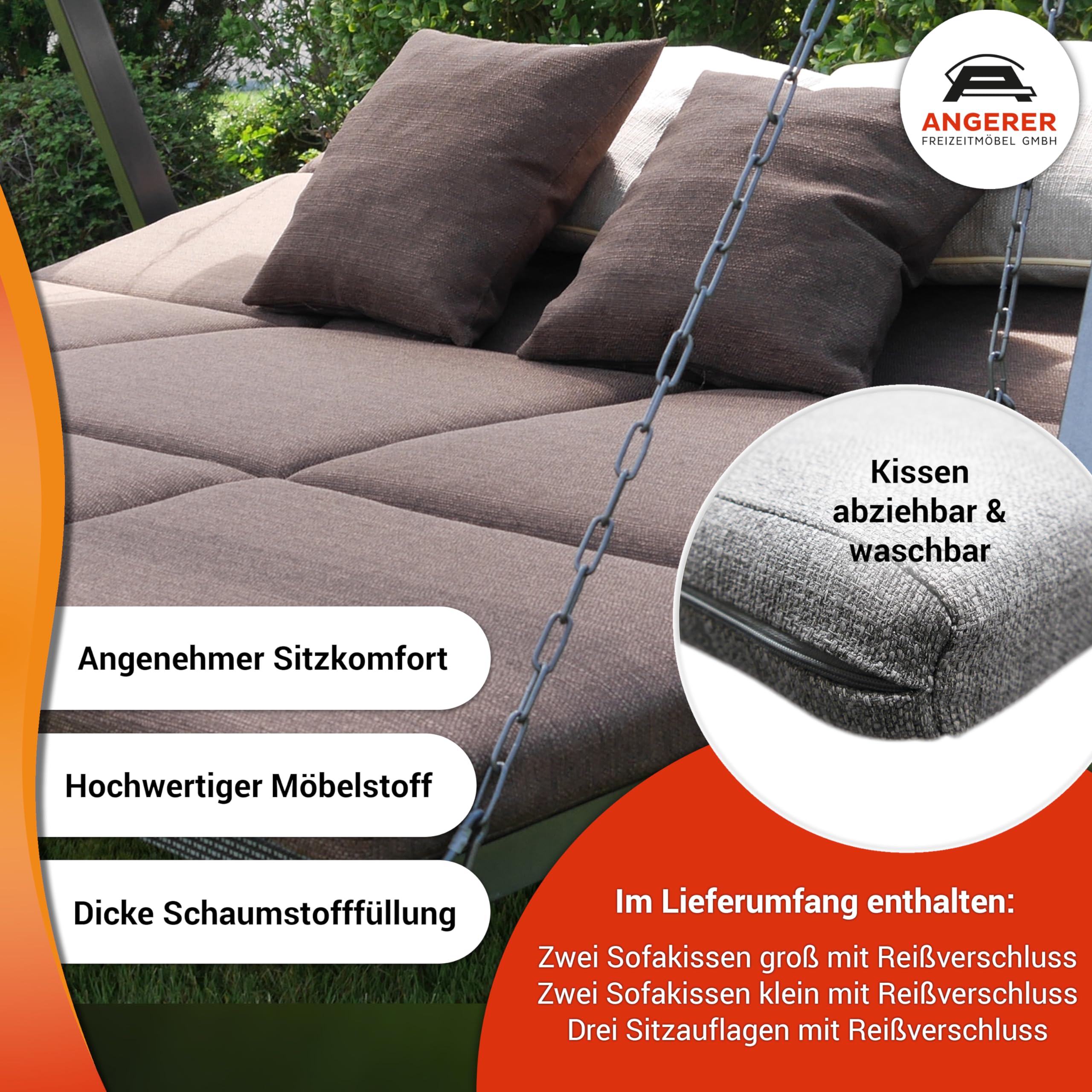 ANGERER Hollywoodschaukel Luxus Smart hellgrau | Gartenschaukel Made in Germany, Schaukel zum Sitzen, Liegen und Entspannen, inklusive Bett-Funktion, einfache Montage