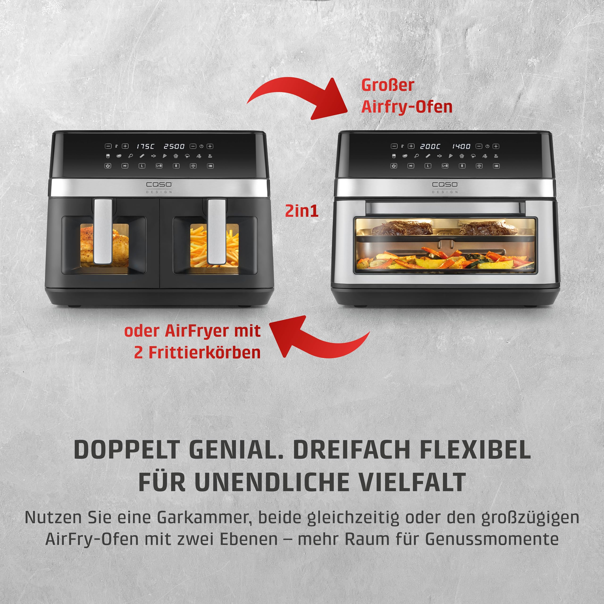 CASO AirFry DuoChef -Heißluftfritteuse mit 2 Kammern, 14L Volumen, nahezu fettfrei, 10 Programme, 50-200°C, Timer, LED-Anzeige, Sichtfenster, SHAKE-Reminder, spülmaschinengeeignet
