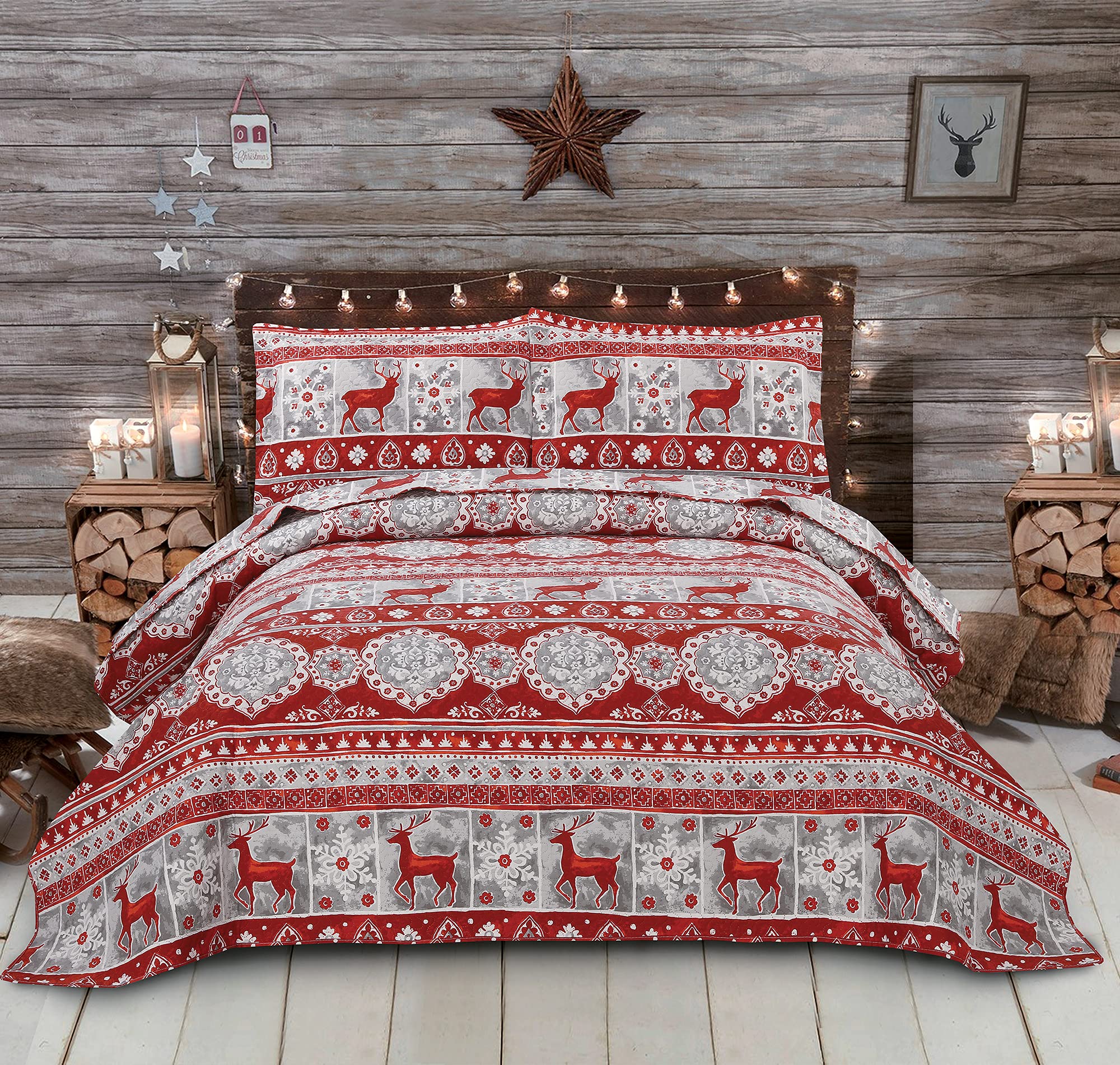Moose & Bear Rustic Quilt Set - Queen/Full Size Cabin Lodge Bedspread With Reversible Design, Red