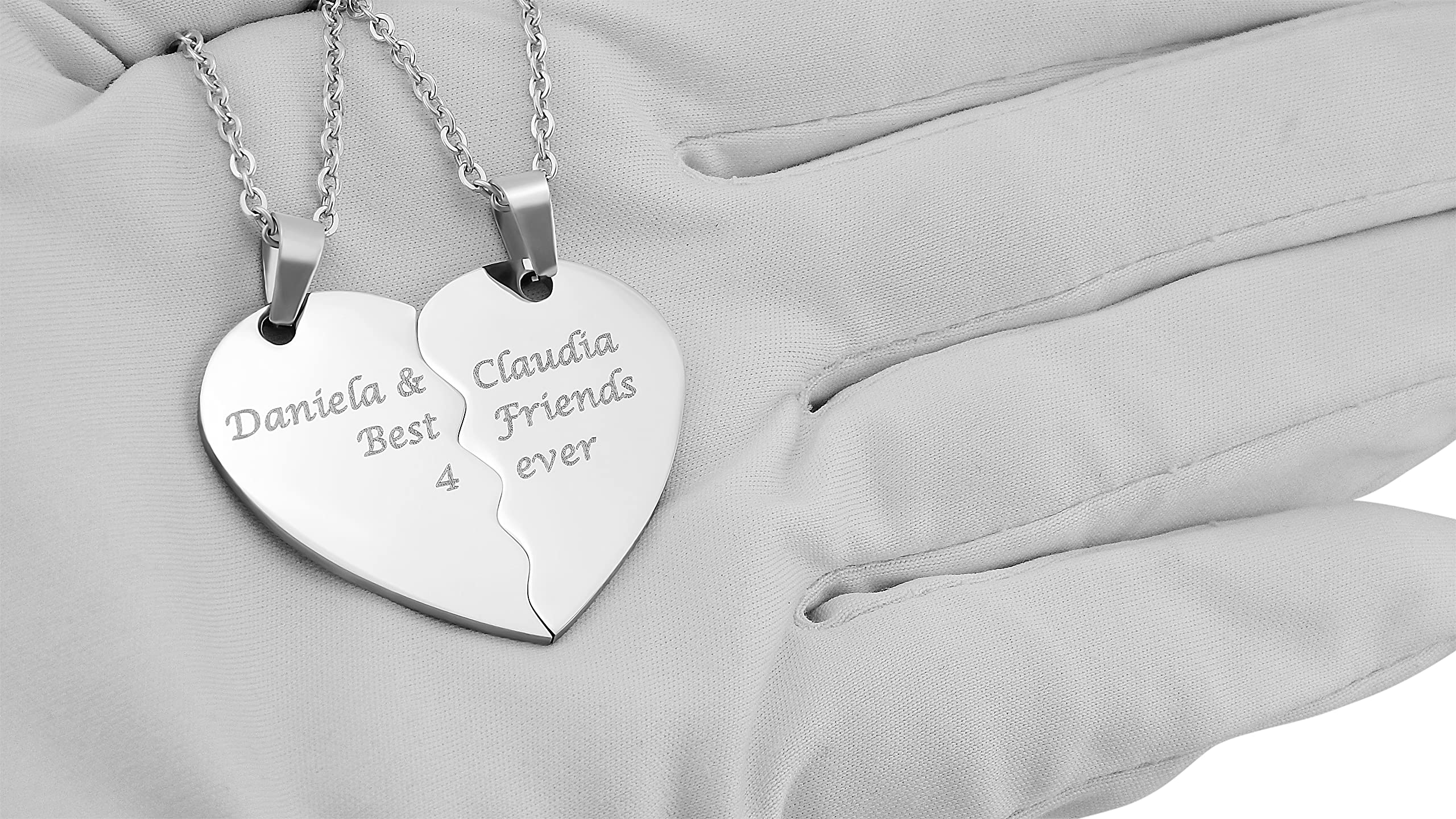2 Stück Personalisierte Kette mit Gravur Edelstahl 60 cm mit Anhänger Herz Puzzle in silber - Personalisierte Geschenke für Damen Herren Freundin Freund - Partner Halskette für Sie und Ihn