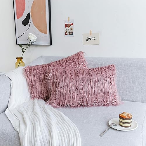Kevin Textile Super Soft Solid Merino Style Fur Toss Throw Waist Pillow Cover Durable Pillowcase Oblong Christmas Cushion Cover, Set of 2, 12x20Inch, Millennial Pink