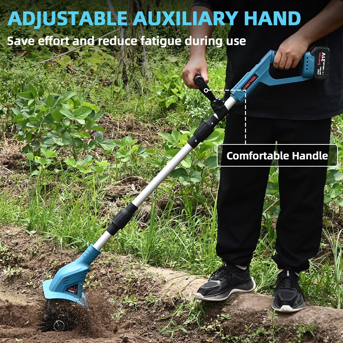 21v Cordless Tiller, 8-Inch Wide 4.0 Ah Battery Powered Garden Cultivator, Cultivator with Steel Tines and Battery Capacity Display, Rototiller for Lawn/Gardening/Soil Cultivation (Blue) by Shintyool