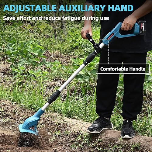 Miniatura 7 de Cultivador de suelo sin cable de 21 V, cultivador de jardín de 8 pulgadas de ancho con batería de 4.0 Ah, cultivador con dientes de acero y pantalla