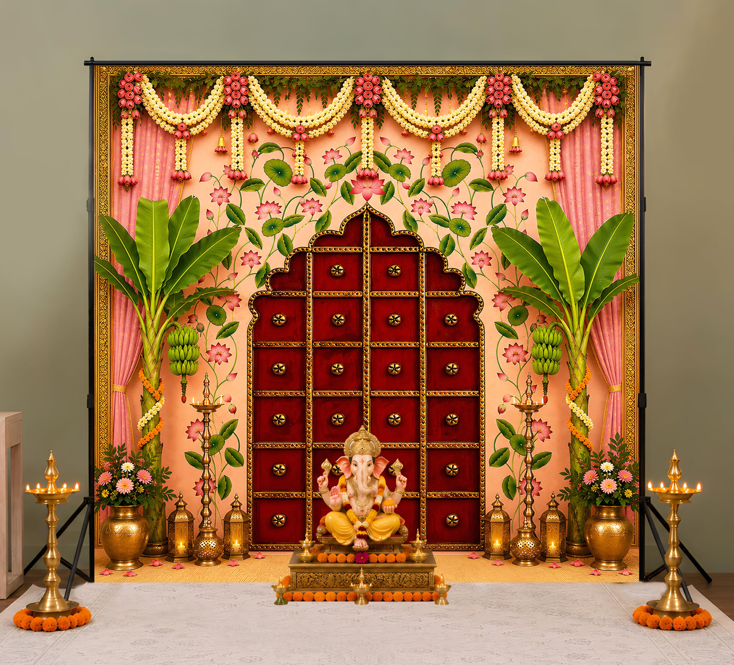pooja backdrop for decoration | traditional red door temple door & floral design | banana leaf, lotus & pooja background cloth | wedding, festival & haldi mahandi religious decoration