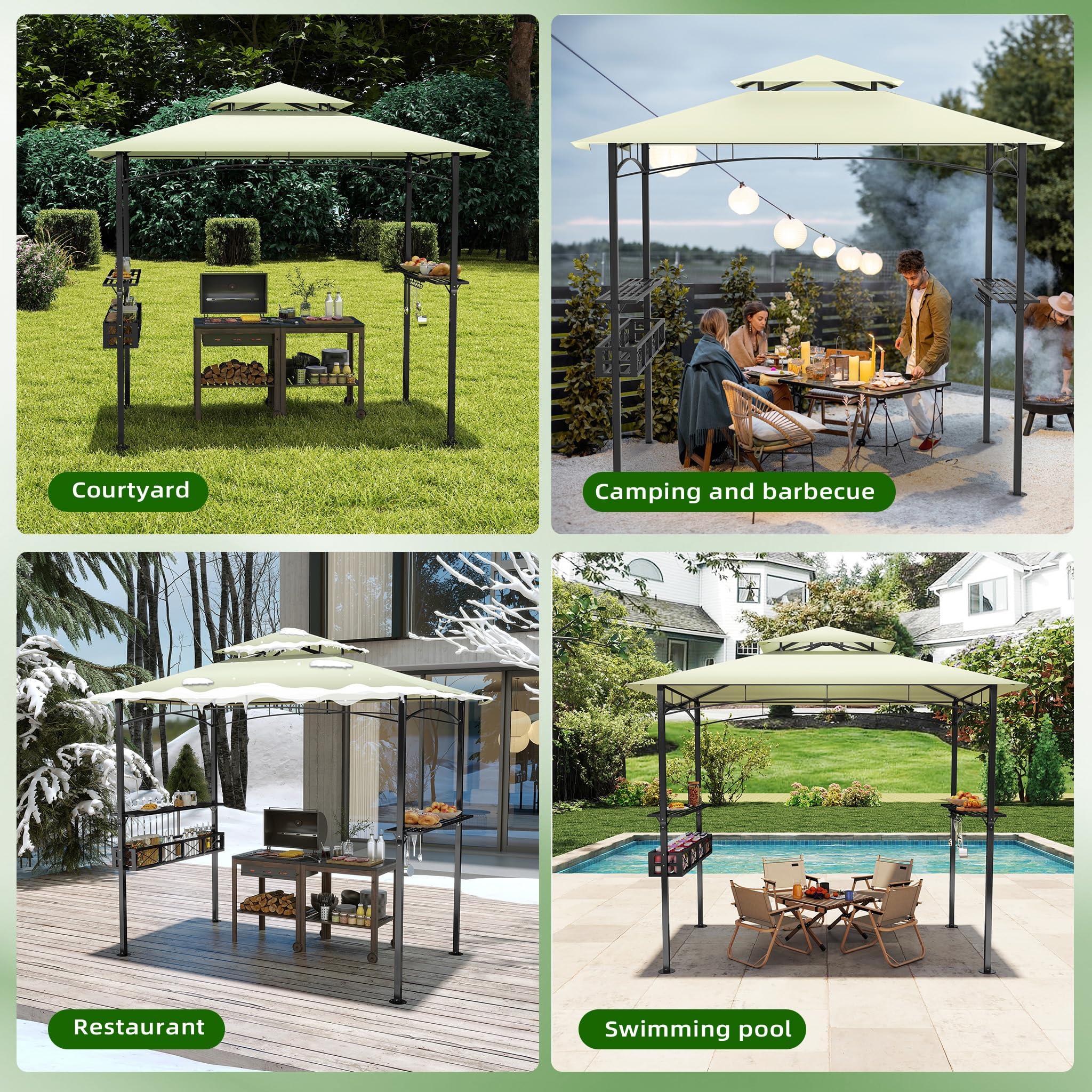 HENGMEI Grill Pavillon 2.45 x 1.53m, Grillpavillon Partyzelt Doppelstöckige Schutzabdeckung, Grillzelt Gartenpavillon Pergola mit Regalen und Ablagekörben für Party, Marktstand, Picknick (Beige)