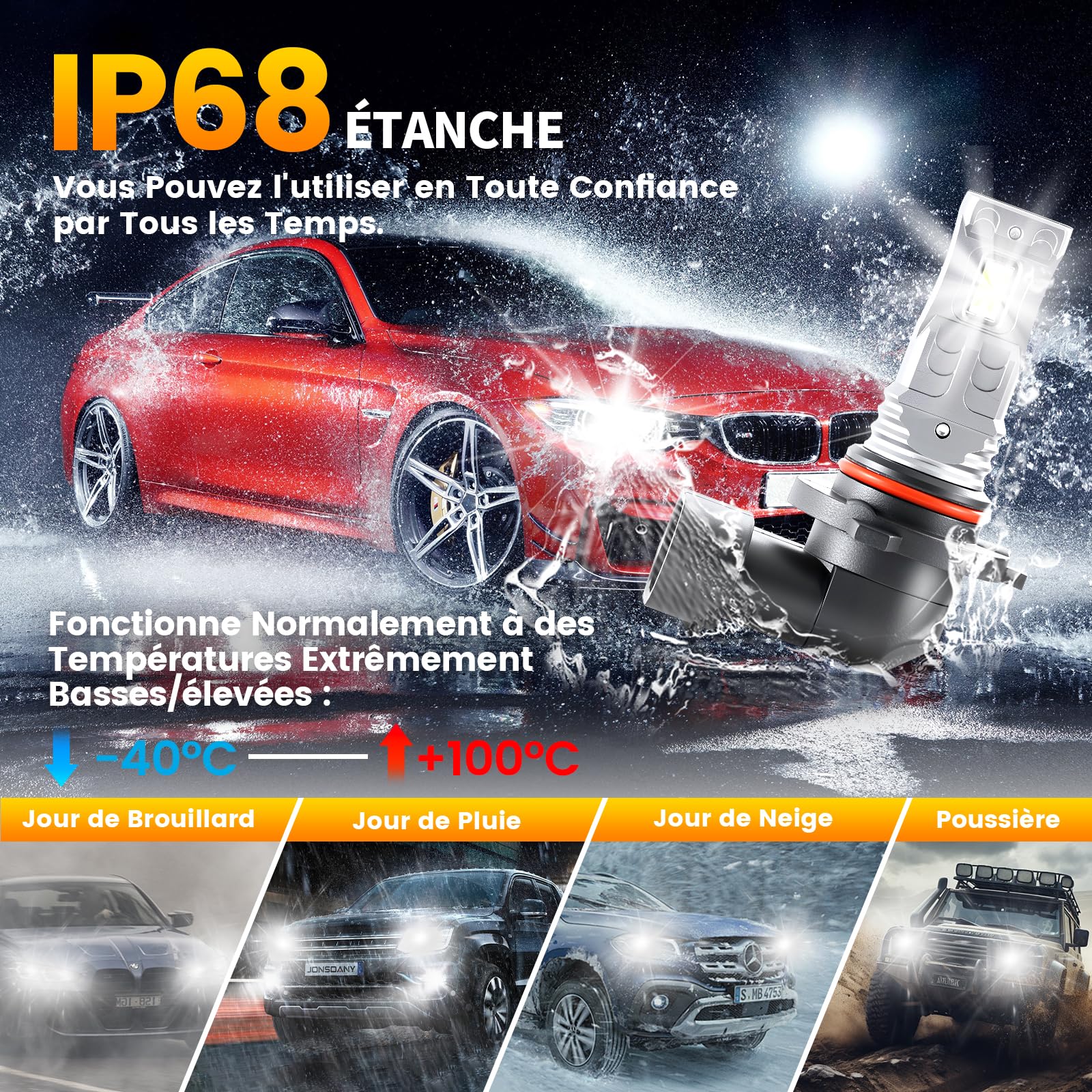 Ampoule HB3 LED, 6500K LED 9005 de Phares Voiture Automobile, 999% Luminosité, 9005 Led Phare, 1:1 Taille Halogène, IP68, 90000+ Heures de Durée de Ve, 2 Pièces