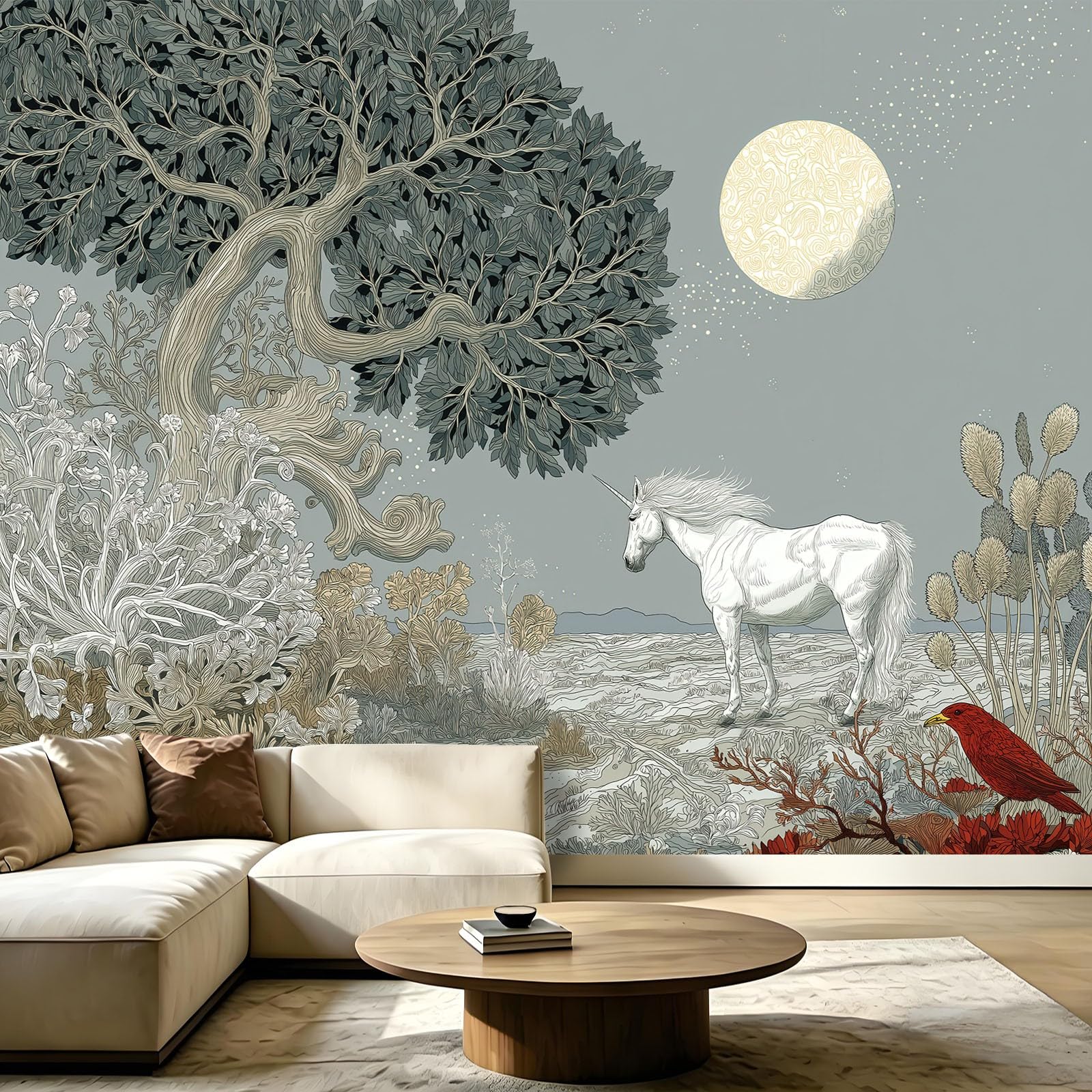Panoramiczna tapeta fantasy las rośliny 250 x 175 cm, tapeta z włókniny, dekoracja do salonu i sypialni, efekt 3D, jednorożec, gwiaździste niebo, drzewa, księżyc