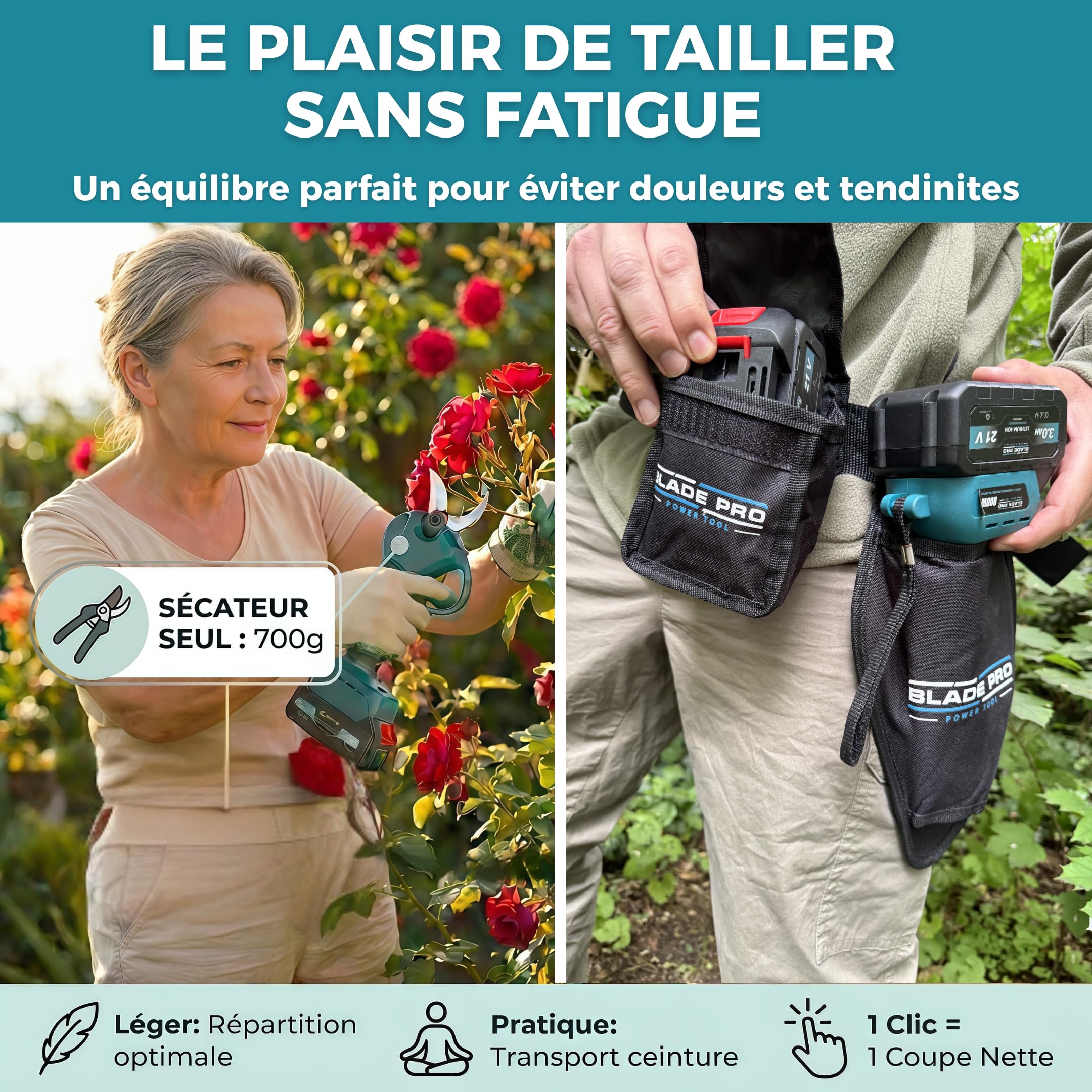 Sécateur Électrique Sans Fil 40mm - Sécateur à Batterie 6000mAh - 2 Batterie 21V - Brushless 800w - Coupe Branche Professionnel - Kit complet BLADEPRO