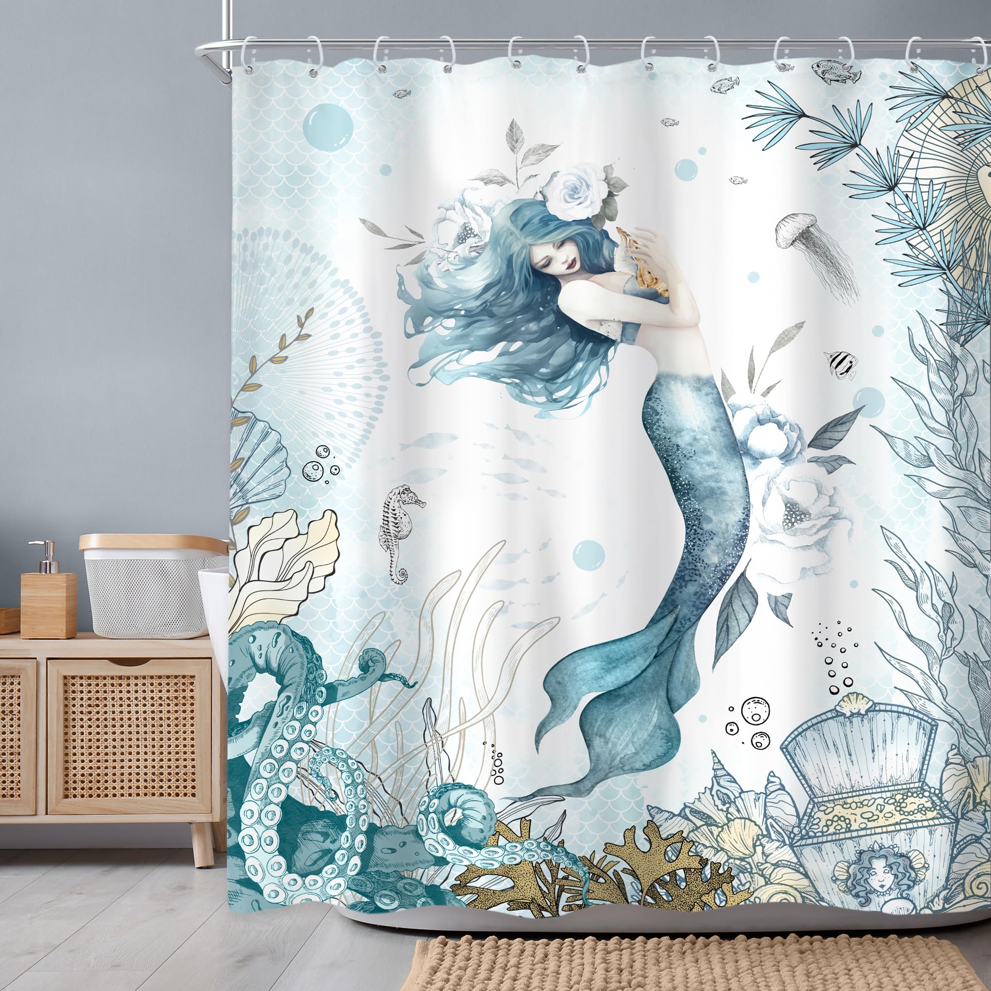 Newsely Girls B-01Mermaid Mermaid Shower Curtain 60Wx72h Inch Nautical Blue Sea Ocean Octopus Coastal Coral Underwater Fish Seashell Jellyfish Teal Bathroom Set Waterproof Bath Decoration Accessories Home Decor