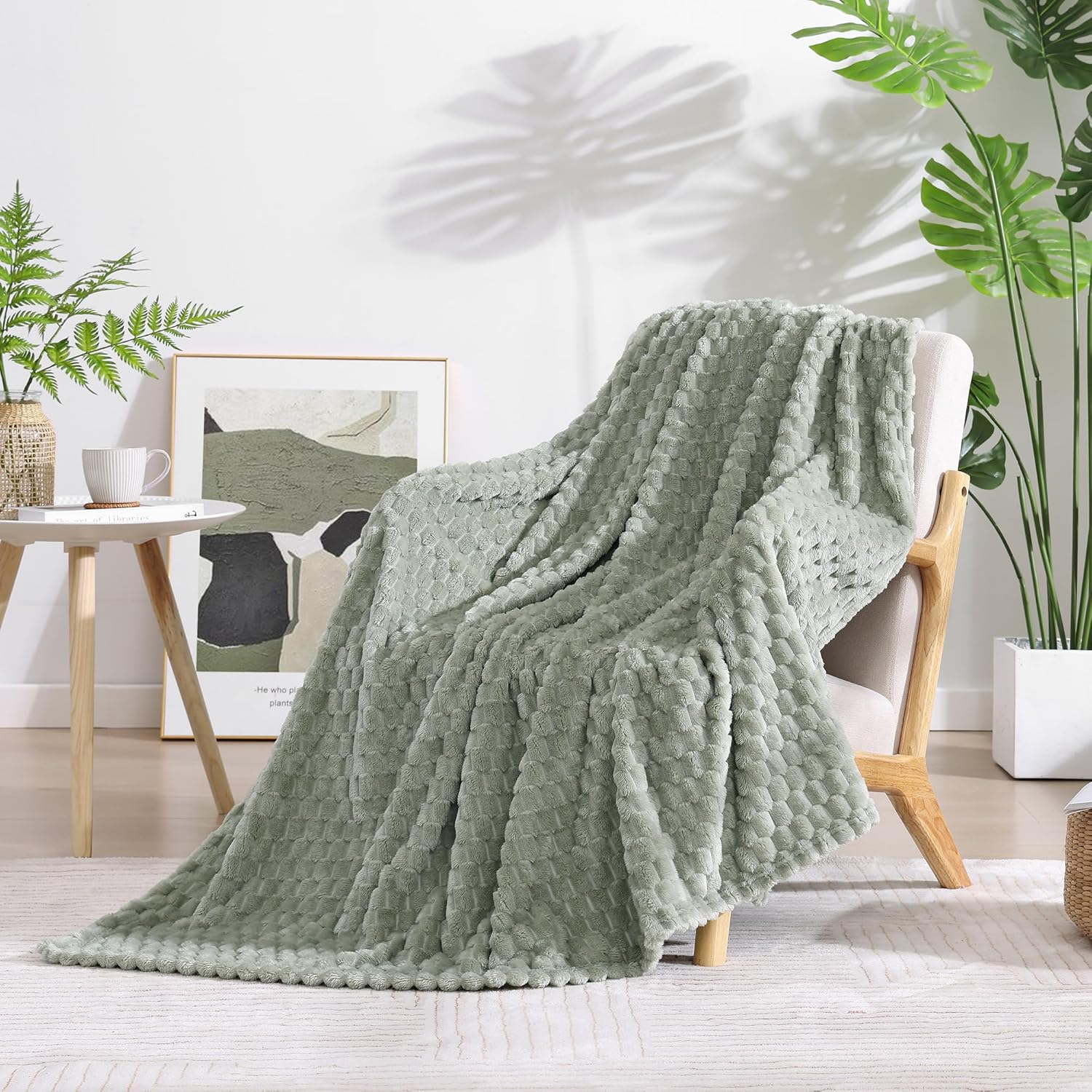 Monbix Light Sage Green Fleece Throw Blanket for Couch