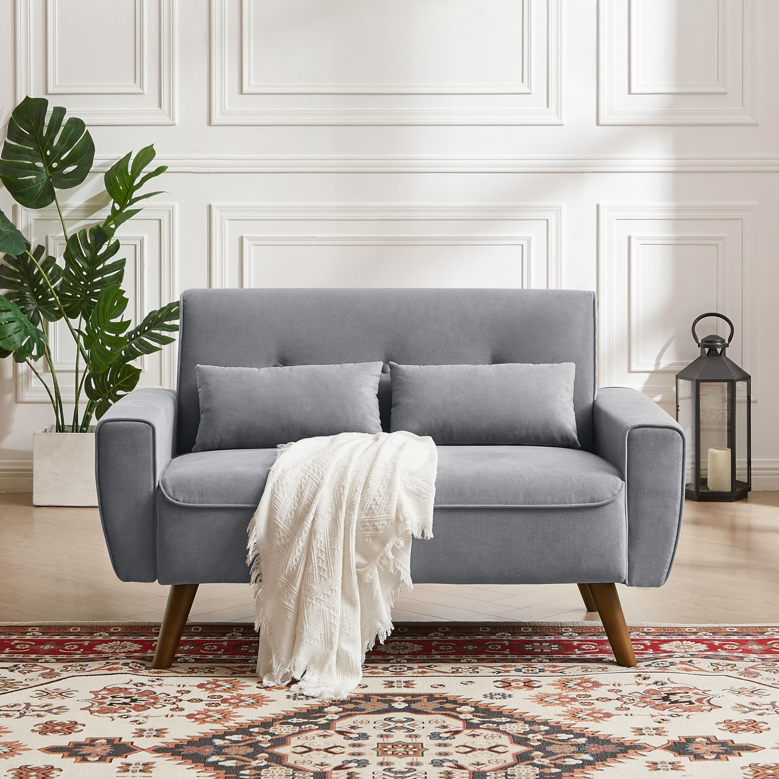 Soscana 48" Small Loveseat Sofa, Modern Linen Fabric Love Seat Couch, Upholstered 2-Seat Sofa with 2 Pillows and Wood Legs for Living Room, Apartment,
