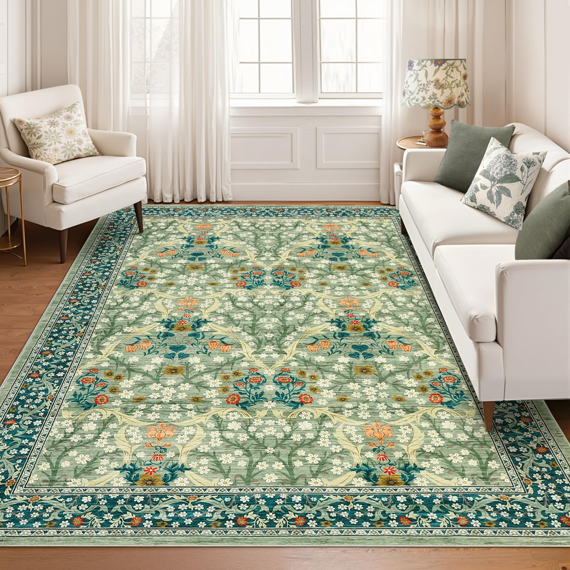 Floral Area Rugs 160x230cm Spring Green Washable Carpet for Bedroom