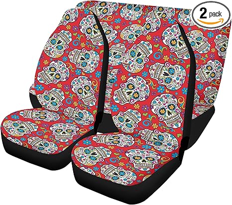 Colorful Sugar Skull Car Seat Covers and Custom Floor Mats – Dia de Los Muertos Calaveras Auto Interior Decor for Festive Seat and Floor Protection (4pcs Front+Back mats)