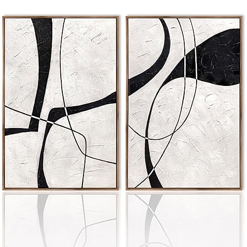 100% Hand-Painted, Wood Color Framed 2-Set Black and White Painting-Thick