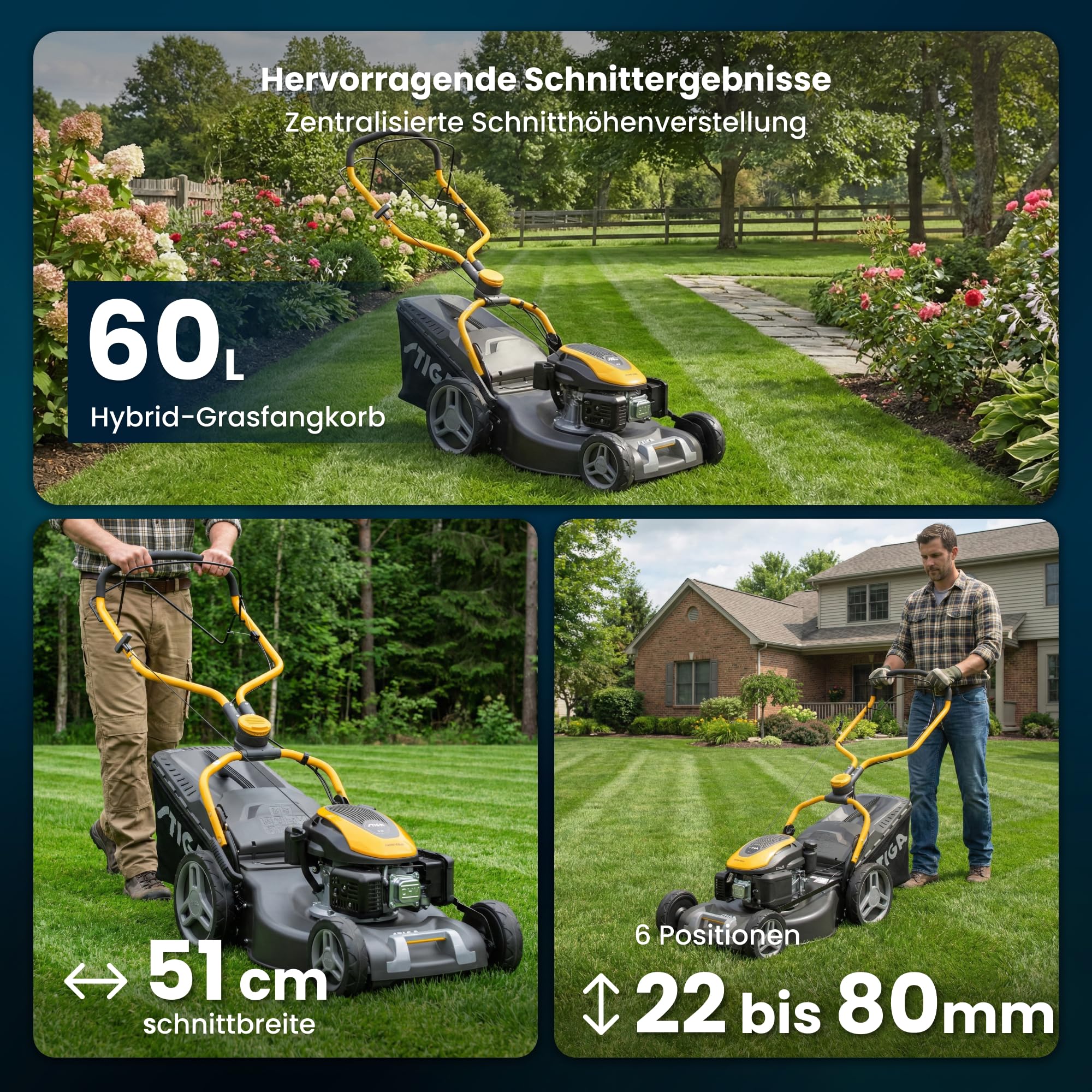 STIGA Combi 553 S Benzin-Rasenmäher, selbstfahrend, 51 cm Stahlmähwerk, 166 CCM Motor, 60 L Grasauffangbehälter, 3-in-1 Mähsystem, Verstellbarer Handgriff, Grau