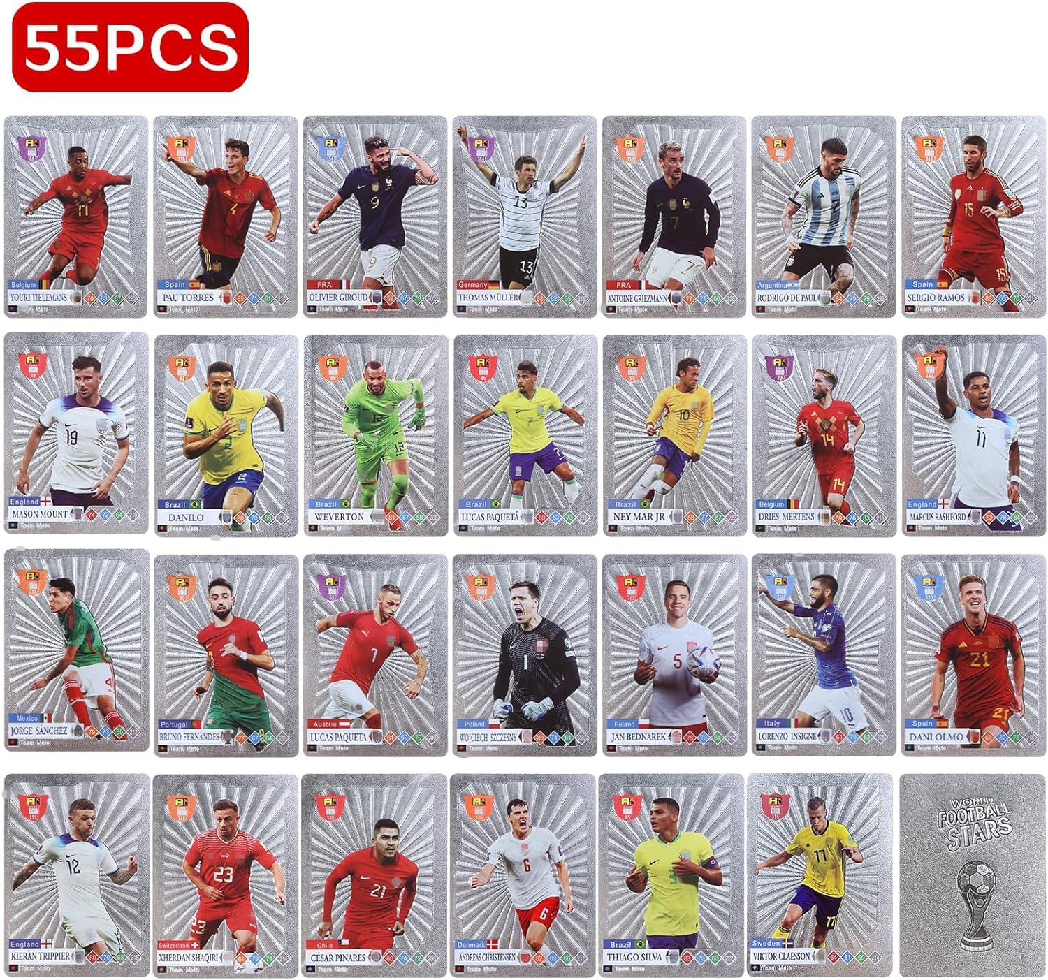 Bestie toys World Cup Soccer Star Card 55Pcs Soccer Trading Cards Gold Foil Cards Silver Sports Souvenirs No Repetition Birthday Kids Men(Silver) 3