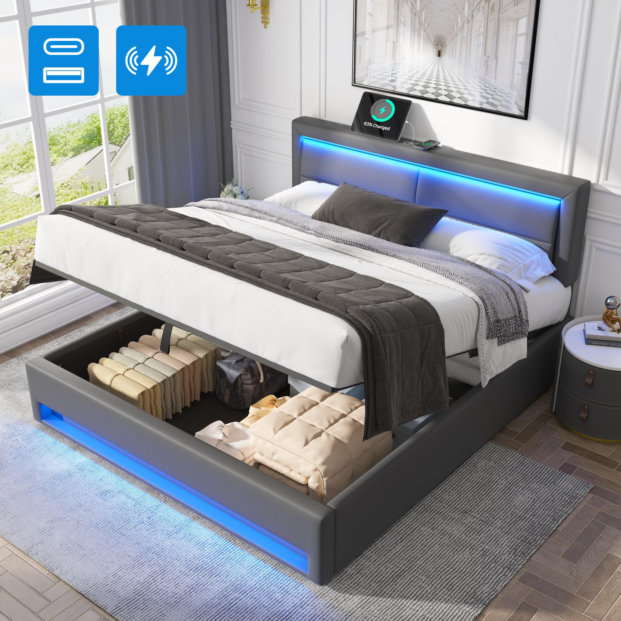Letto imbottito 160 x 200 cm,Letto di stoccaggio idraulico,letto matrimoniale con illuminazione a LED e USB (ricarica wireless e via cavo), Materiale PU,per Bambini e adulti,Grigio