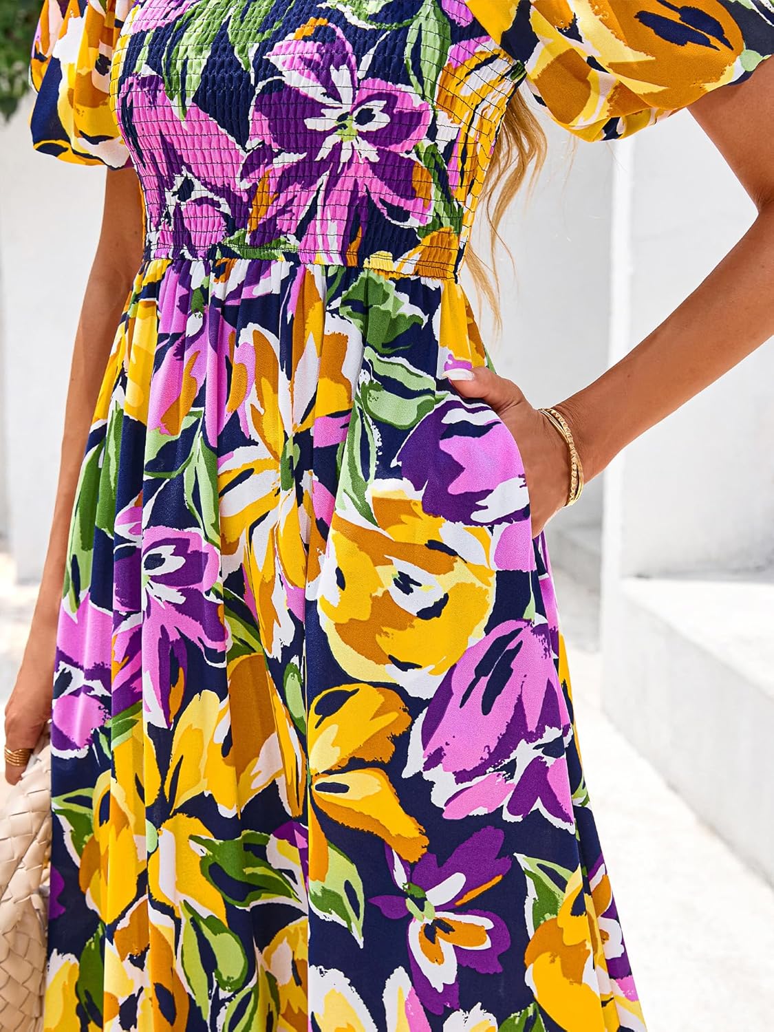 BTFBM Womens Spring 2026 Casual Maxi Dresses Short Sleeve Smocked Tiered Floral Boho Long Beach Dress with Pockets - Image 6