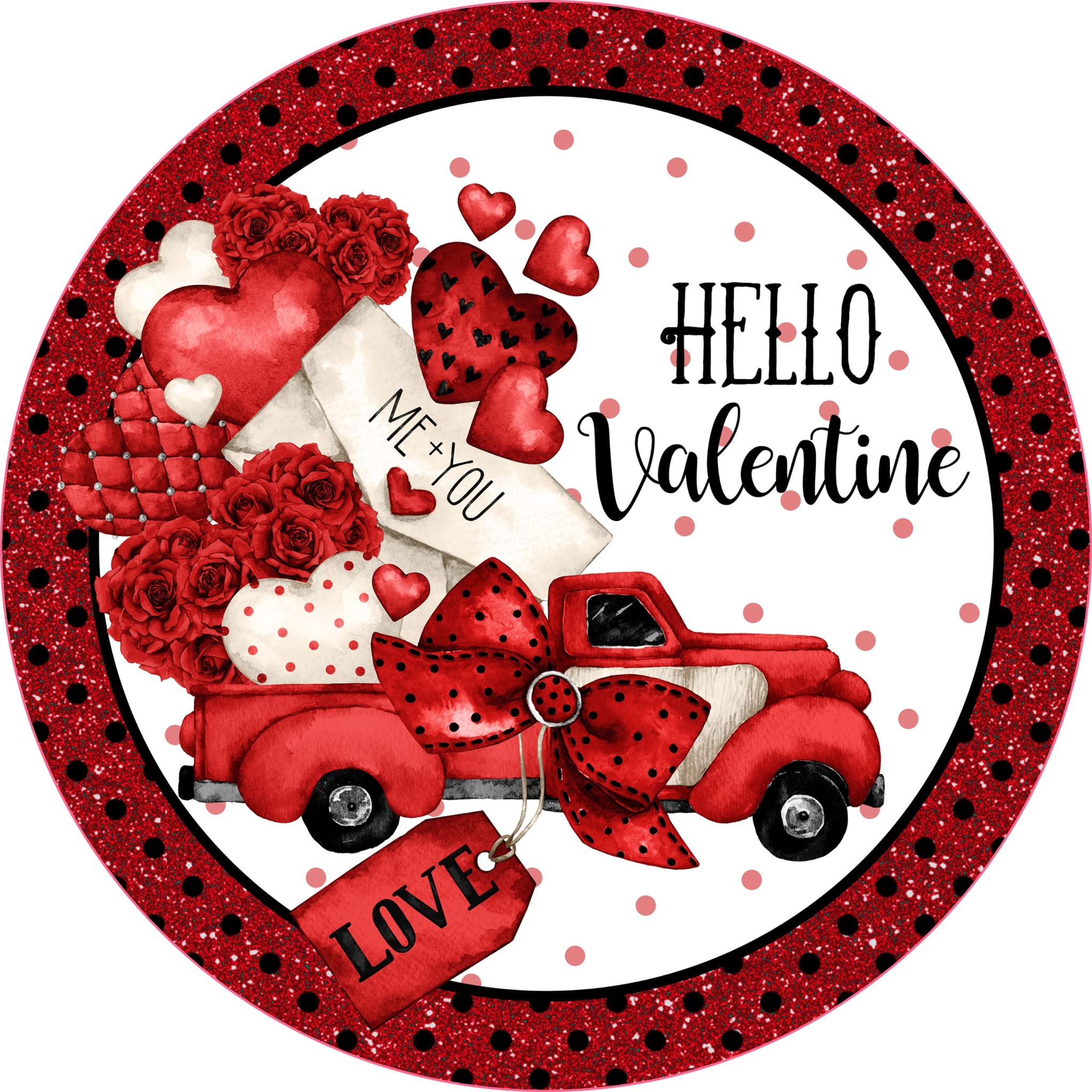 Retro Metal Tin Sign 12 X 12 Inches Hello Valentine Sign Happy Valentine's Day Sign Gnome Sign Hearts and Truck Sign Craft Embellishment Round Wreath Sign Funny Wall Decor Nostalgic Arts Decor Gifts