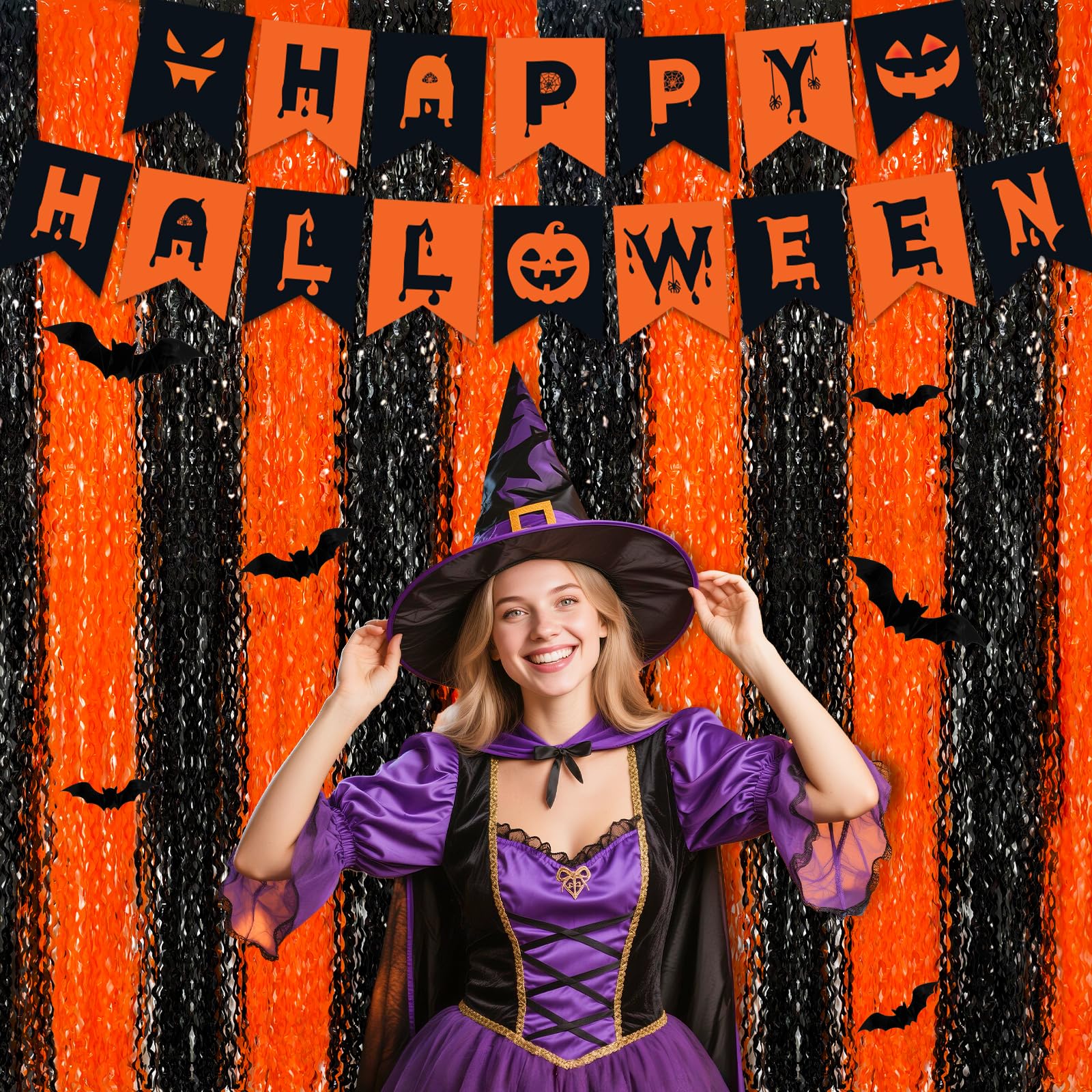 Halloween Party Decorations, 19PCs Orange Black Halloween Decoration Set Including H ALLOWEEN Photo Booth Props Photo Backdrop Streamers Banner Bat Sticker For HALLOWEEN Party Supplies