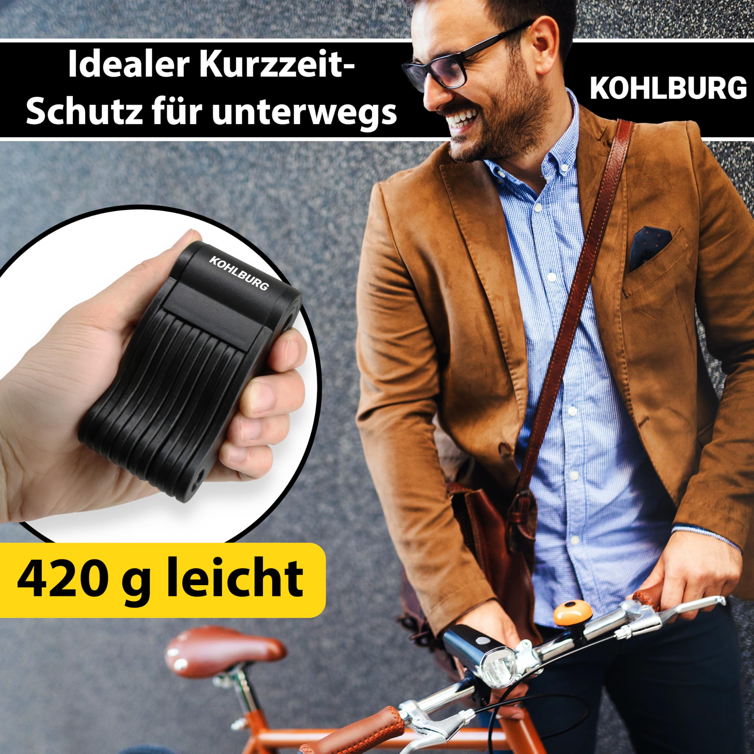 KOHLBURG 420g leichtes Fahrradschloss mit Halterung für lange Touren - Kurz-Zeit-Schutz Faltschloss - Gliederschloss 70cm lang für Fahrrad E-Bike & Rennrad Schloss - Mini Fahrradschloss leicht & klein