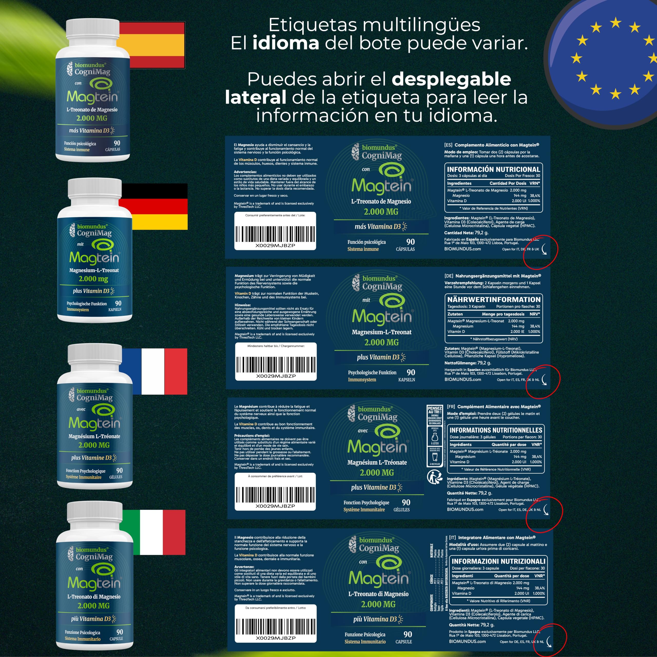 L-treonato de Magnesio Magtein® 2000 mg biomundus + Vitamina D3 2.000 UI dosis. Magnesio treonato Función cerebral óptima, mejor descanso, sueño, memoria, sistema inmune, músculos y huesos 90 cápsulas