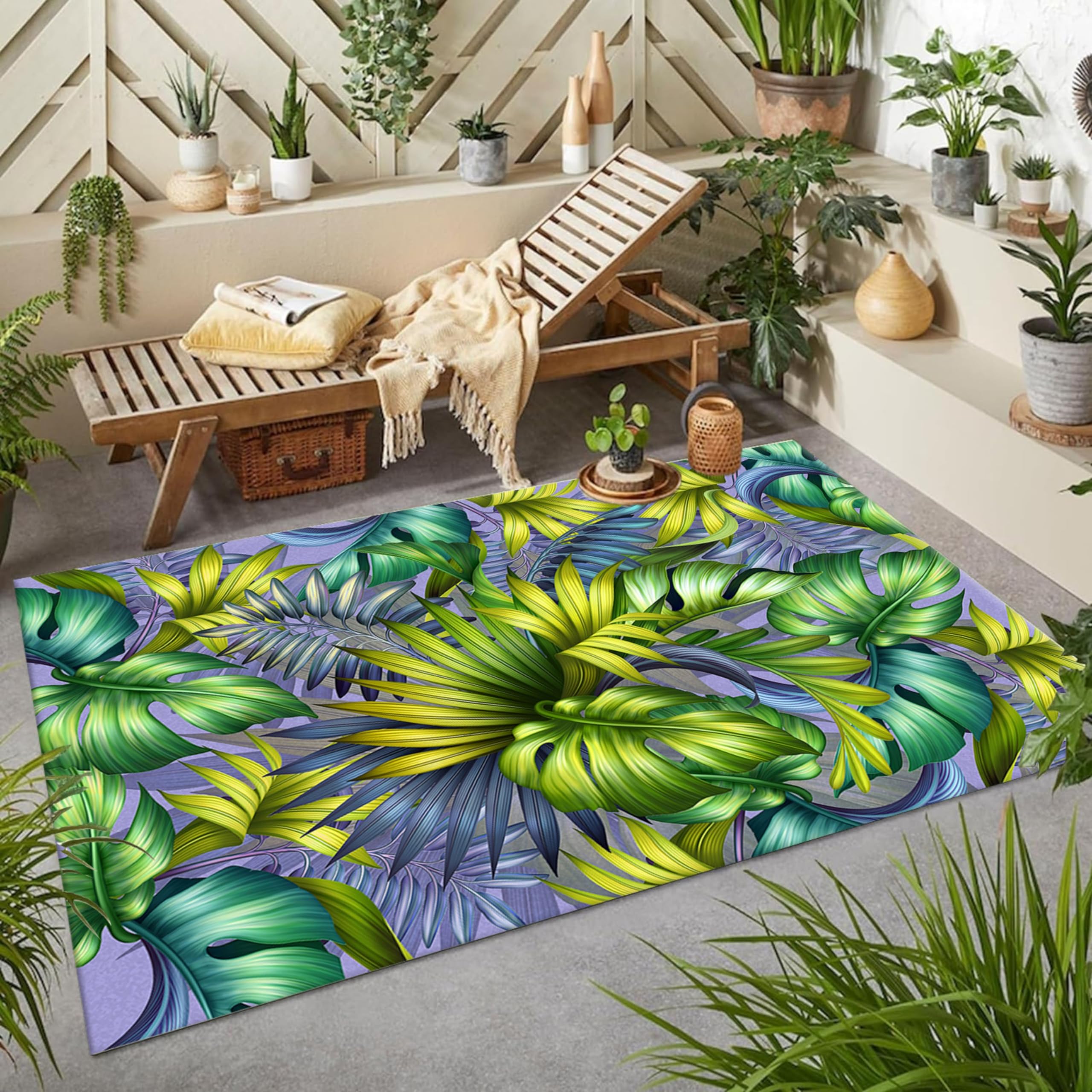 LHOMKCV Banana Leaf Area Rug, 4x5ft, Tropical Hawaiian Green Purple Palm Leaves Pattern Rugs, Abstract Art Fresh Natural Botanicals Large Carpet,