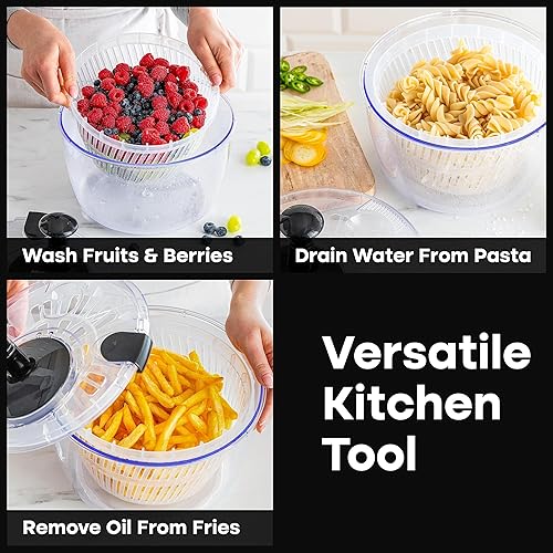 Miniatura 7 de lily&stone Molinillo grande para ensaladas con frutero de plástico, drenaje y colador, hilador de productos y lechugas, secadora de verduras,