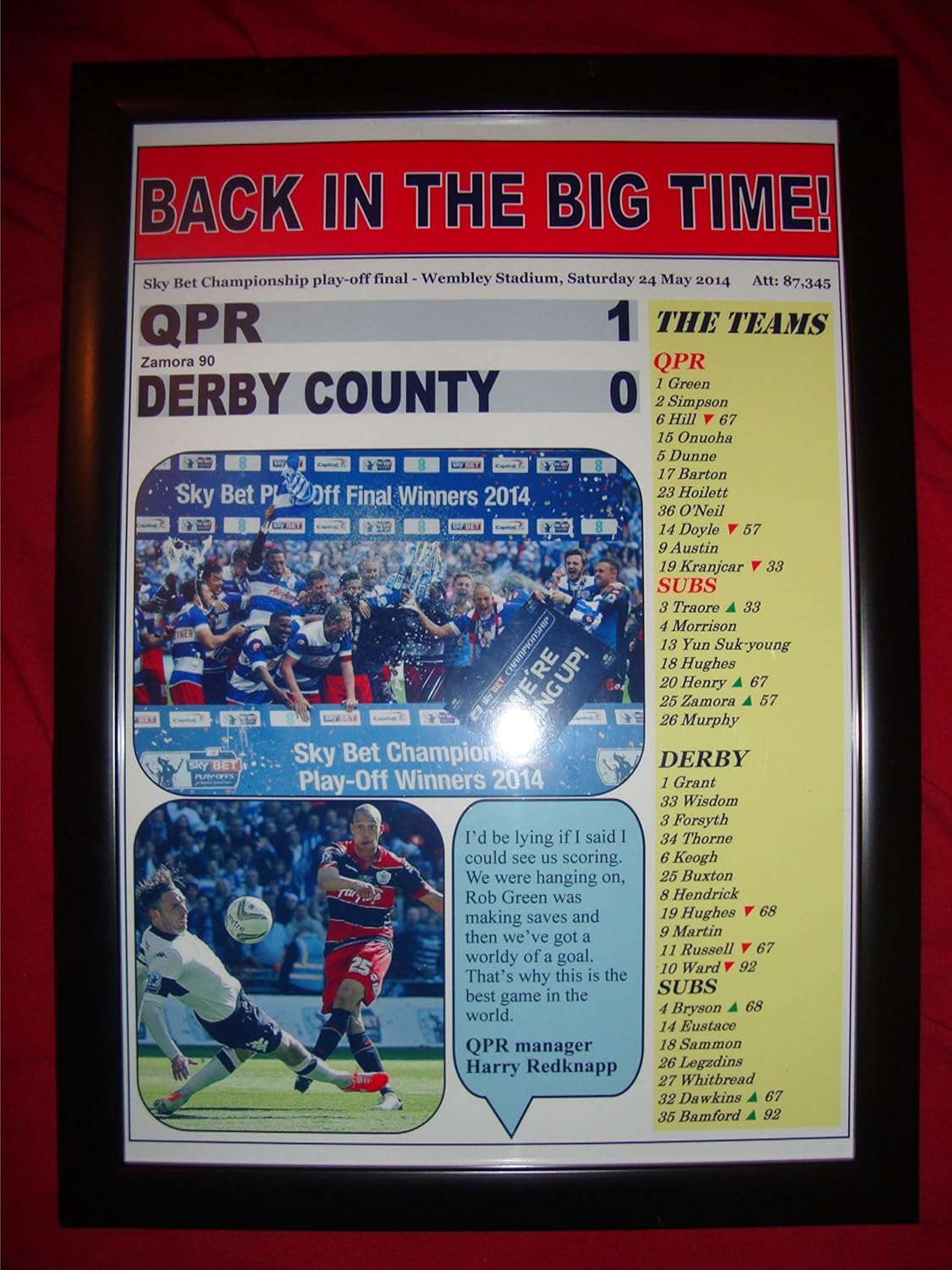 Lilywhite Multimedia QPR 1 Derby County 0 - 2014 Championship play-off final - framed print