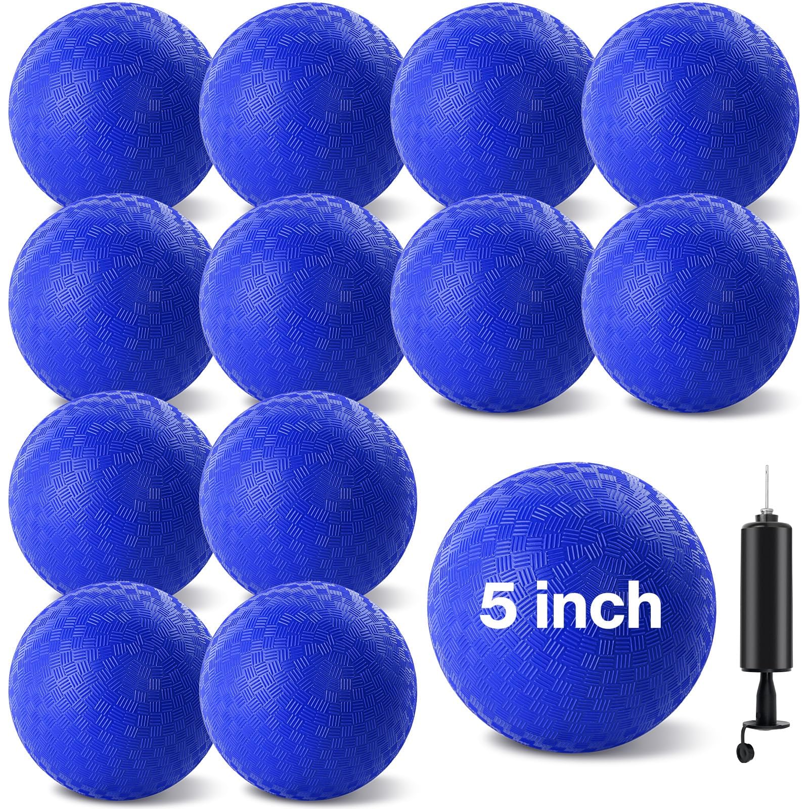 12 Pcs Dodgeballs 5 Inch Kickball Playground Ball Blue Inflatable Rubber Handball Bouncy Dodge Ball with 1 Hand Pump for Outdoors Ball Games Gym Camps Picnic (Needle is at The Top of The Pump)