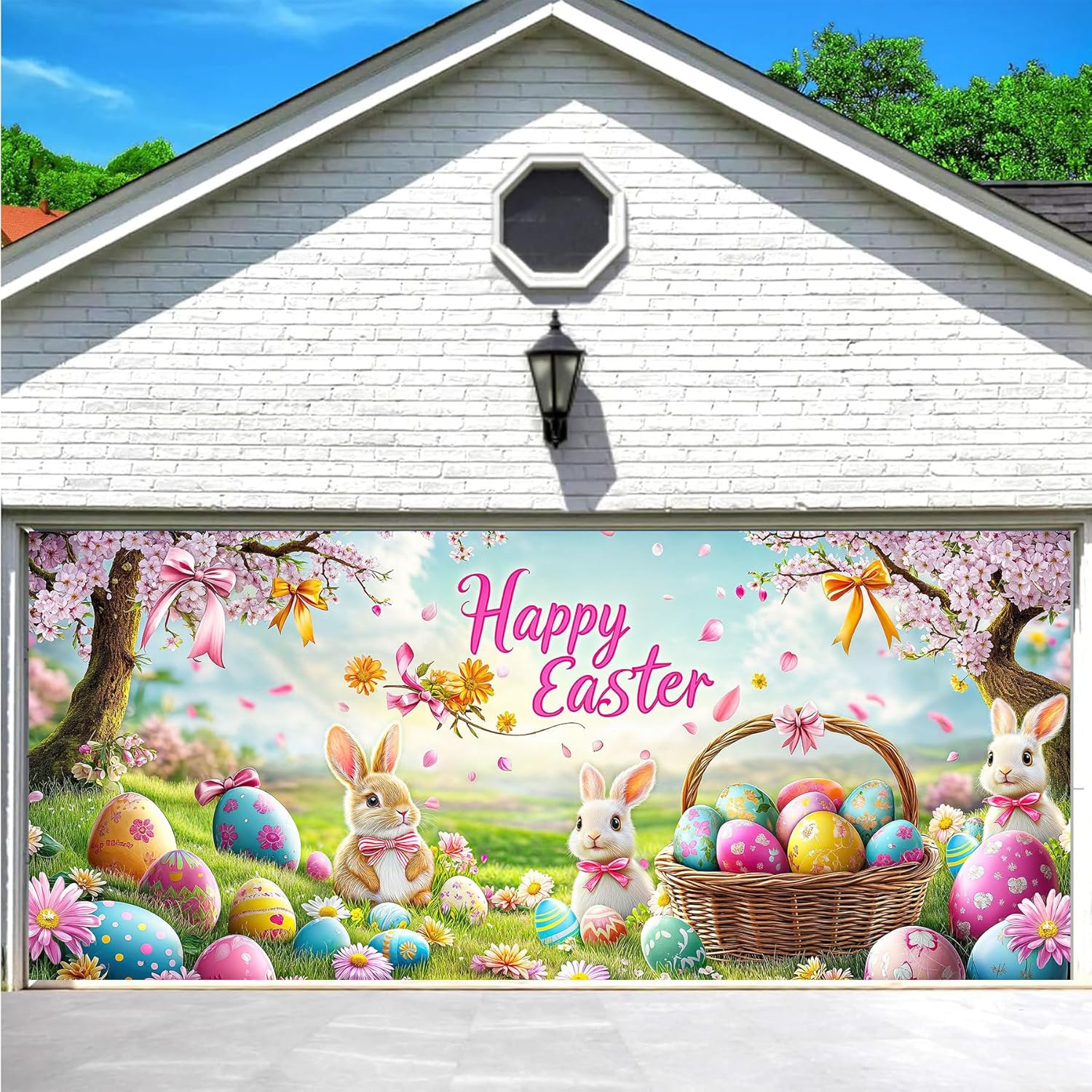 16X7FT Spring Easter Garage Door Cover Decorations, Spring Cute Bunny Colorful Eggs Flower Green Grass Garage Door Background, Easter Family Outdoor Indoor Hanging Party Supplies