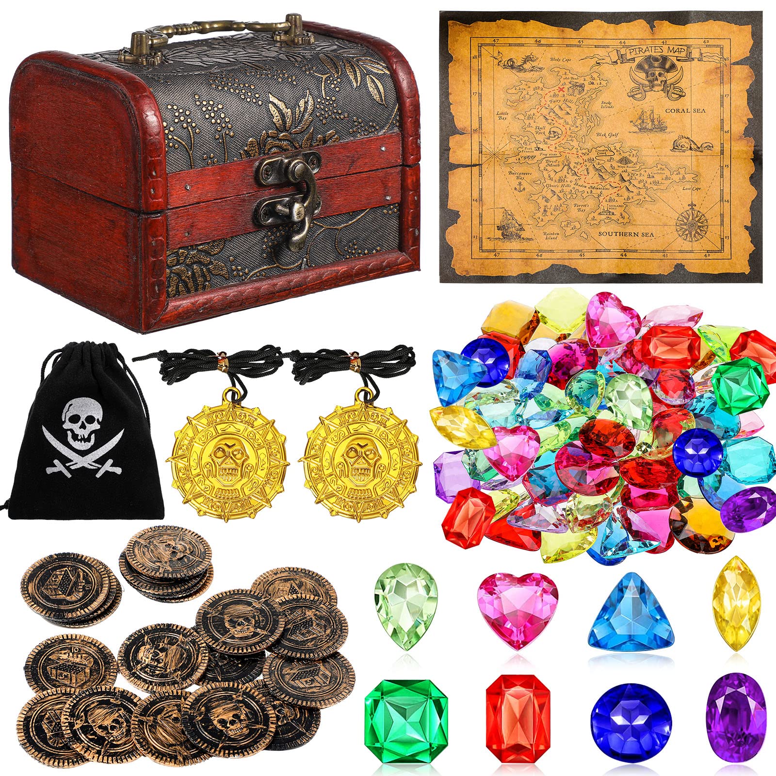 Buy 88 Pcs Pirate Treasure Chest Toy Kit Antique Big Treasure Chest