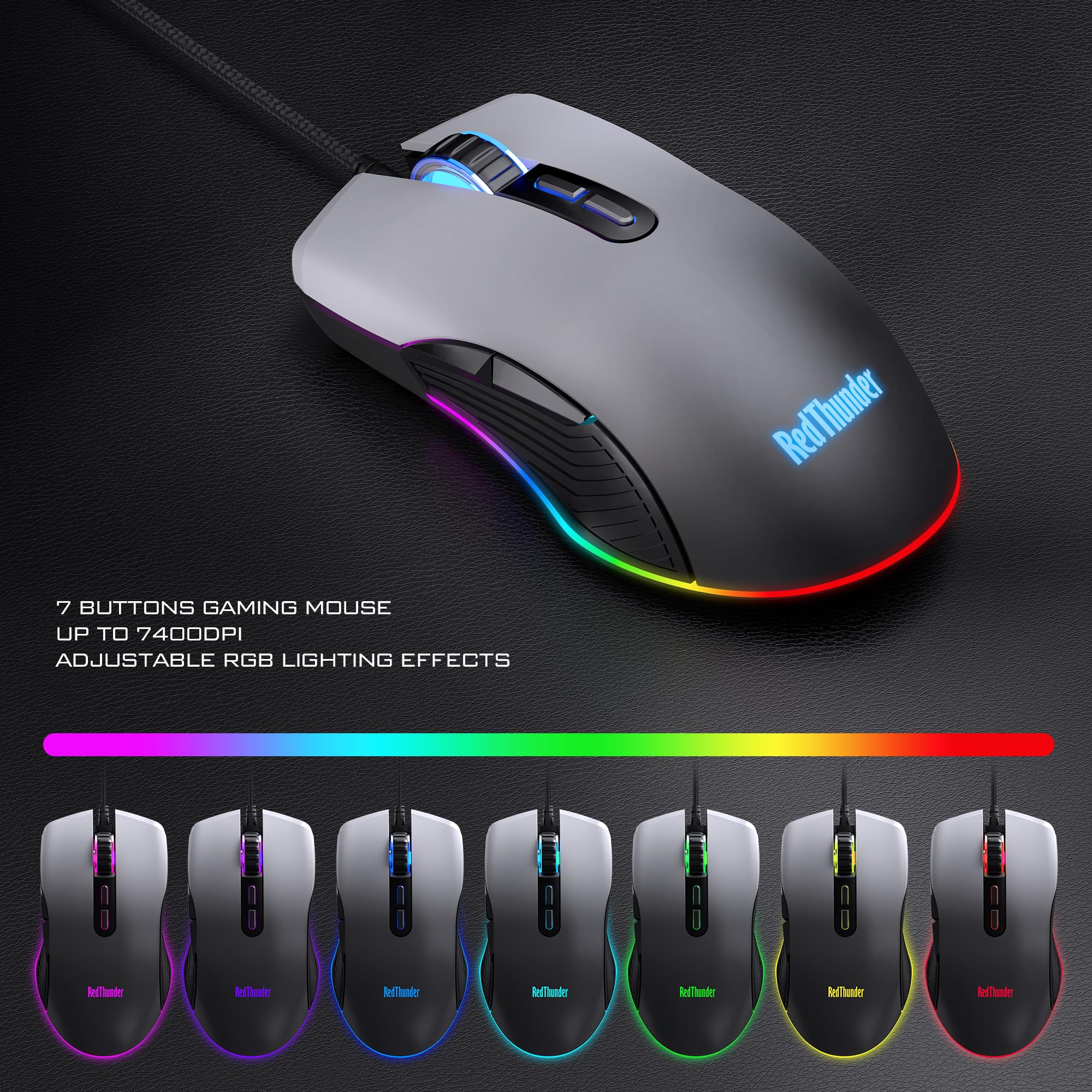 RedThunder K10 - Tastiera da gioco cablata con mouse, retroilluminazione RGB, tastiera meccanica anti-ghosting + mouse 7D 7200 DPI + poggiapolsi in pelle morbida, accessori per PC 3 in 1 (grigio