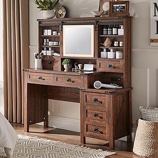 T4TREAM 48'' Farmhouse Makeup Vanity Desk with Sliding HD Mirror and Lig...